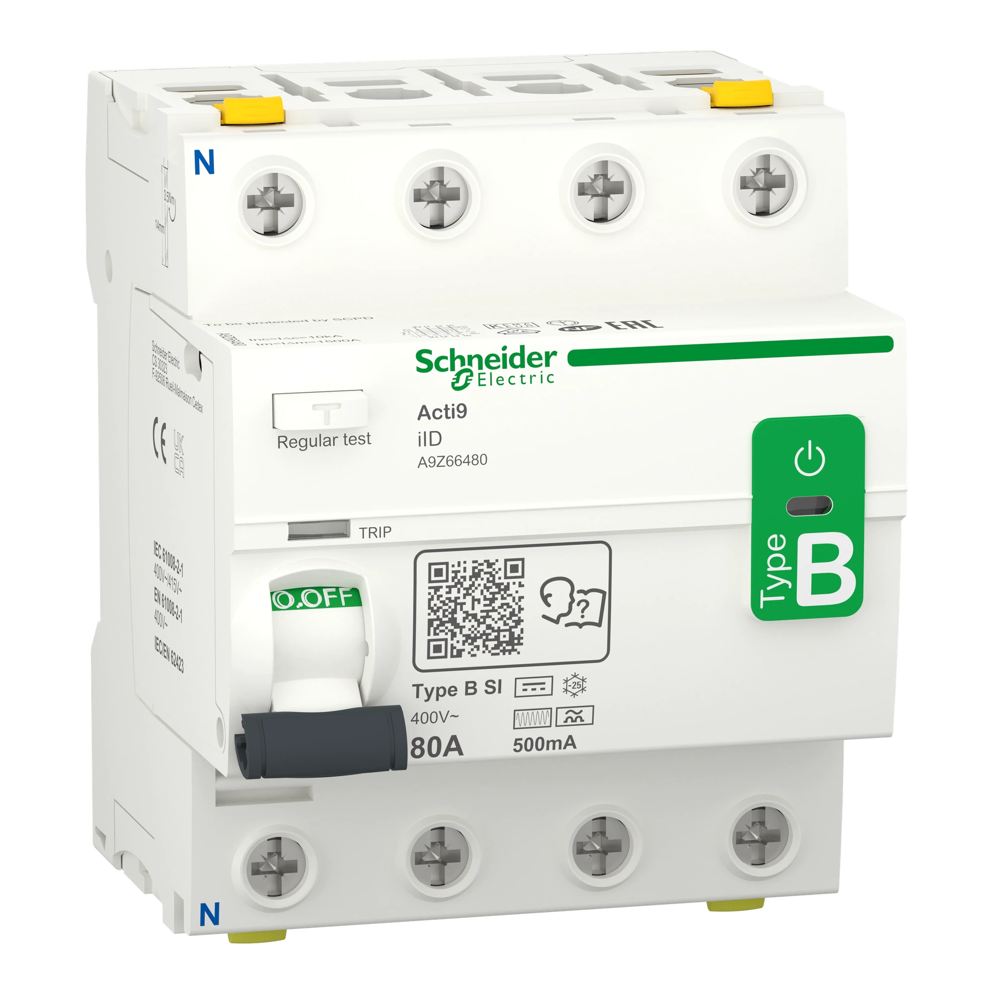 Schneider Electric A9Z66480 Residual Current Circuit Breaker Universal Current Sensitive iID, 4P, 80A, Type B-SI, 500mA (img_001) Schneider Electric A9Z66480 Residual Current Circuit Breaker Universal Current Sensitive iID, 4P, 80A, Type B-SI, 500mA (img_001)