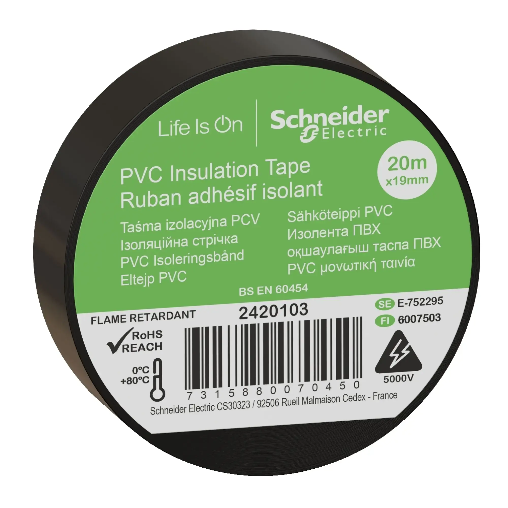 Schneider Electric 2420103 PVC Insulation Tape W=19mm, Length: 20m, Color: black, (PU=8 rolls) (img_002) Schneider Electric 2420103 PVC Insulation Tape W=19mm, Length: 20m, Color: black, (PU=8 rolls) (img_002)