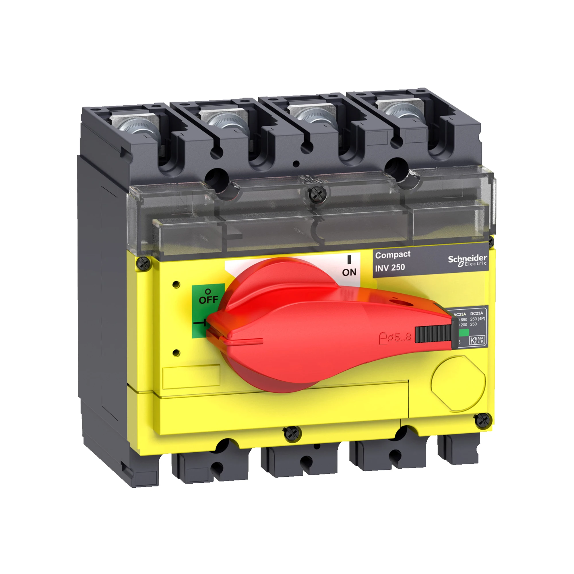 Schneider Electric 31187 Load Break Switch INV250, 4 P, 250A/690V DC/AC, Red Rotary Handle/Yellow Background (img_001) Schneider Electric 31187 Load Break Switch INV250, 4 P, 250A/690V DC/AC, Red Rotary Handle/Yellow Background (img_001)