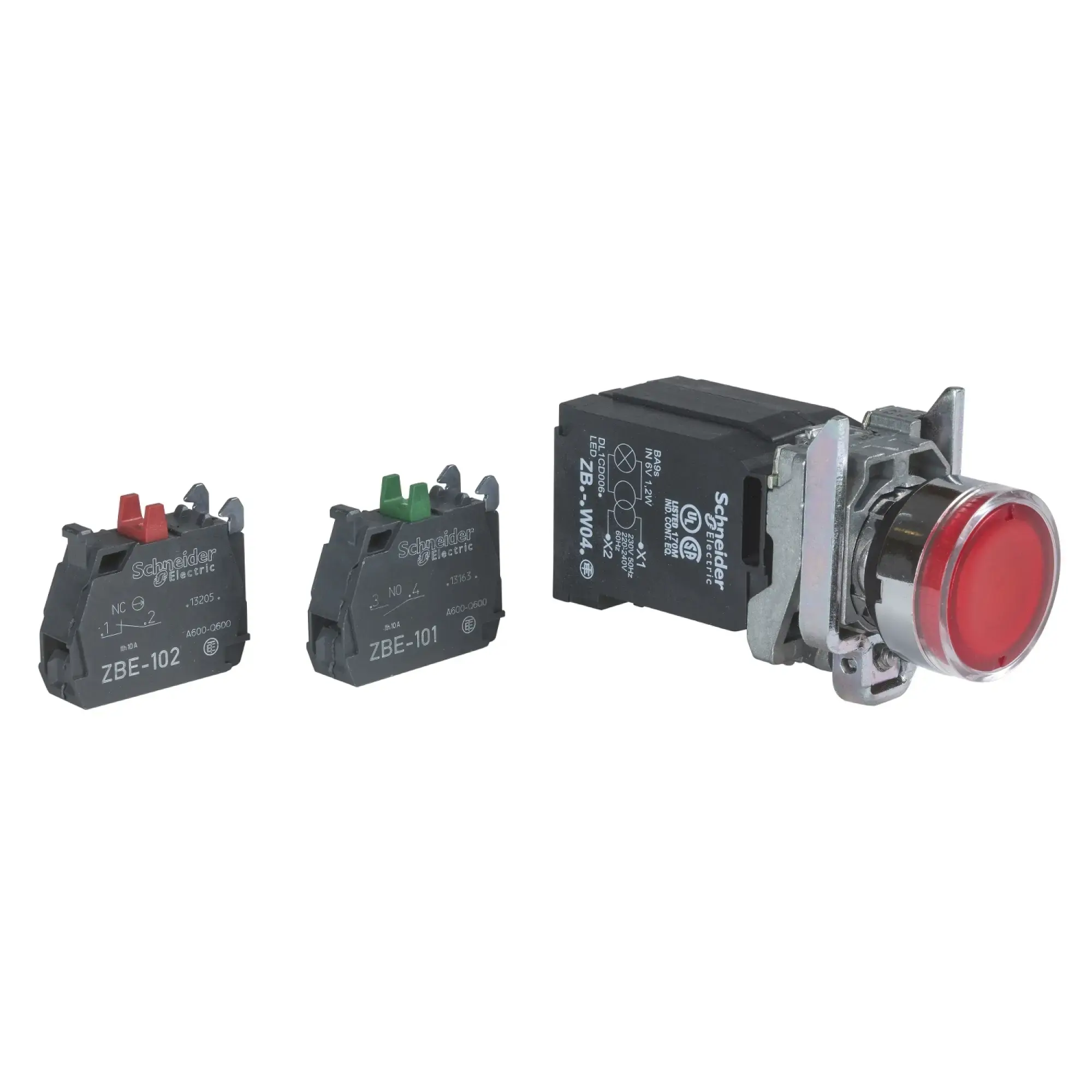 Schneider Electric XB4BW3445 Illuminated pushbutton, Harmony XB4, metal, 22mm, red, unmarked, BA9s incandescent bulb, smooth dome, 1NC+1NO, 230V AC (img_002)