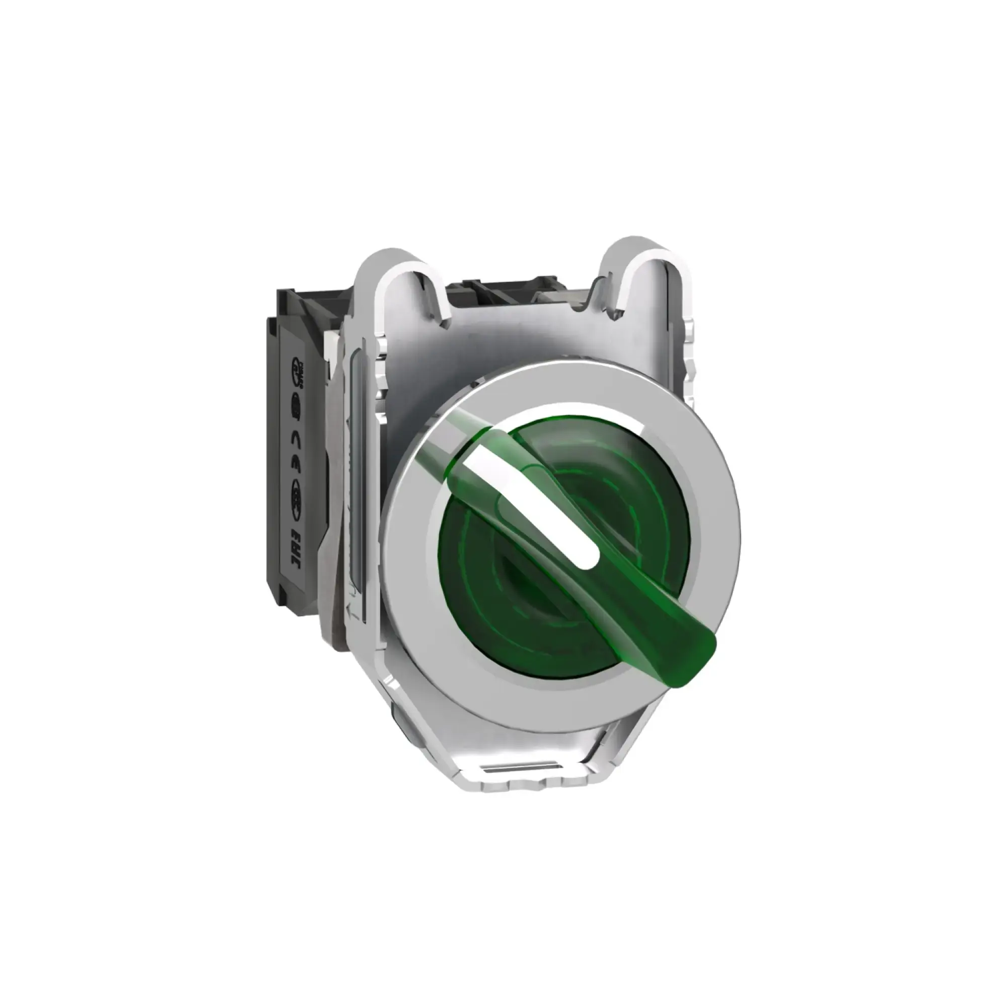 Schneider Electric XB4FK123M5 Illuminated selector switch, Harmony XB4F, metal, 30mm, green, universal LED, 2 positions, 1NO+1NC, 230-240V AC (img_001)