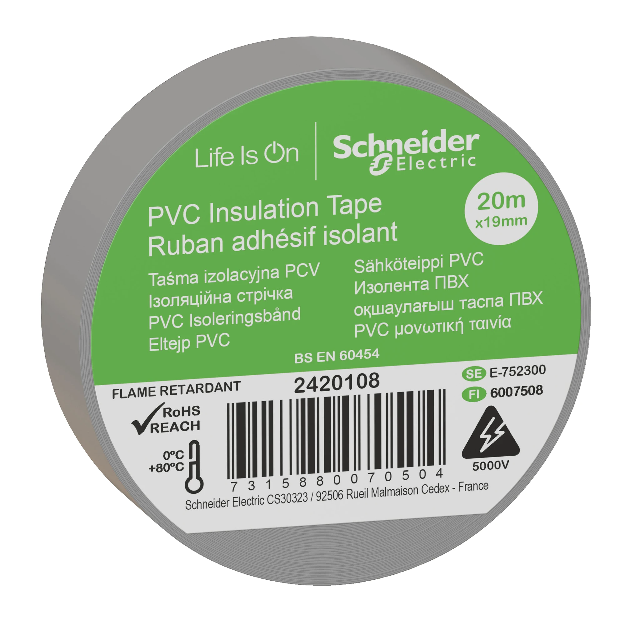 Schneider Electric 2420108 PVC Insulation Tape W=19mm, Length: 20m, Color: grey, (PU=8 rolls) (img_001) Schneider Electric 2420108 PVC Insulation Tape W=19mm, Length: 20m, Color: grey, (PU=8 rolls) (img_001)