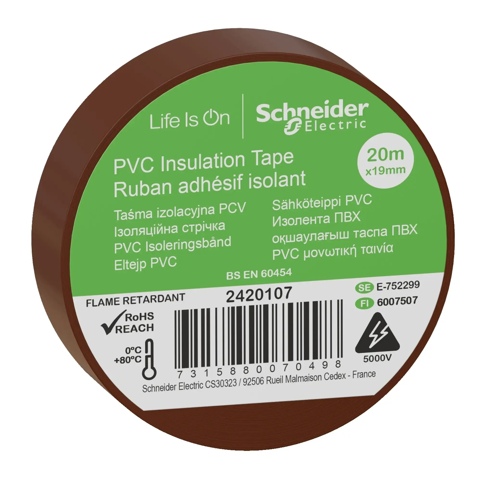 Schneider Electric 2420107 PVC Insulation Tape W=19mm, Length: 20m, Color: brown, (PU=8 rolls) (img_002) Schneider Electric 2420107 PVC Insulation Tape W=19mm, Length: 20m, Color: brown, (PU=8 rolls) (img_002)