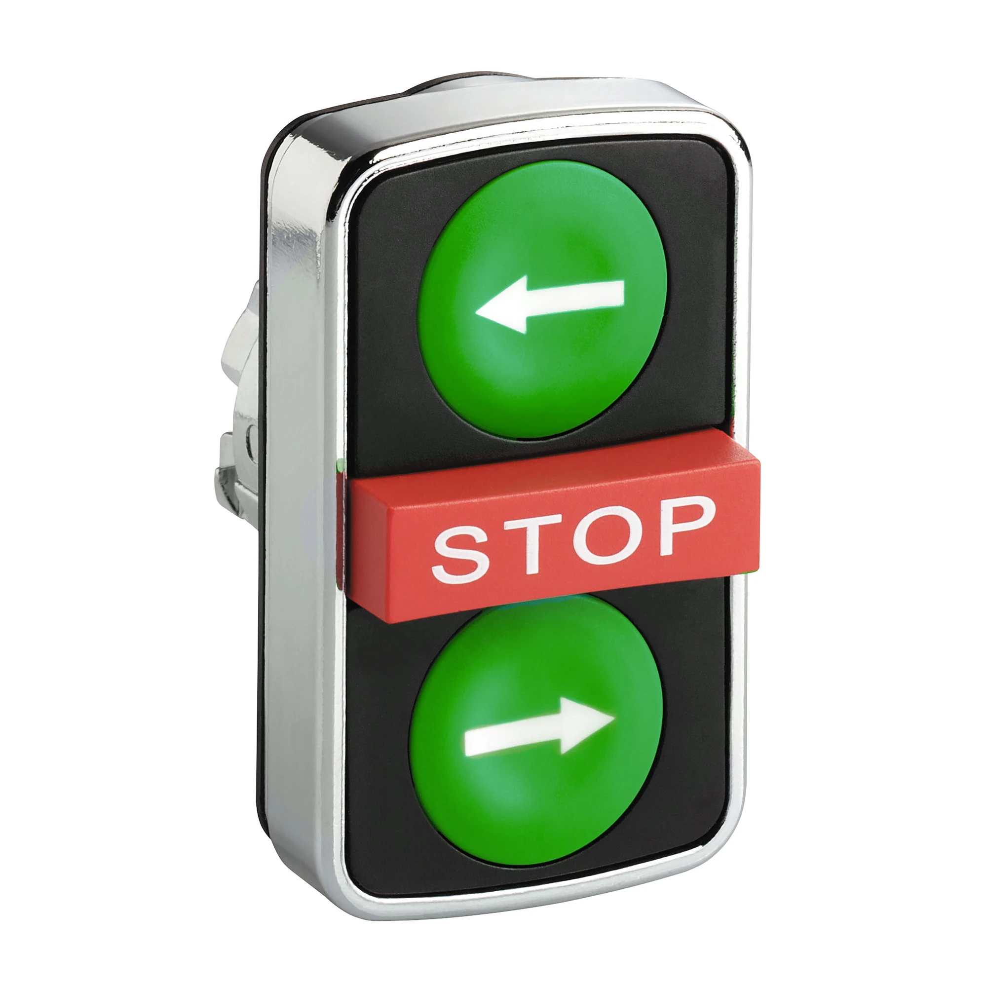 Schneider Electric ZB4BA73133 Triple pushbutton, front element, Harmony XB4, metal, 22mm, green, red, labeled arrows/STOP, momentary (img_001) Schneider Electric ZB4BA73133 Triple pushbutton, front element, Harmony XB4, metal, 22mm, green, red, labeled arrows/STOP, momentary (img_001)