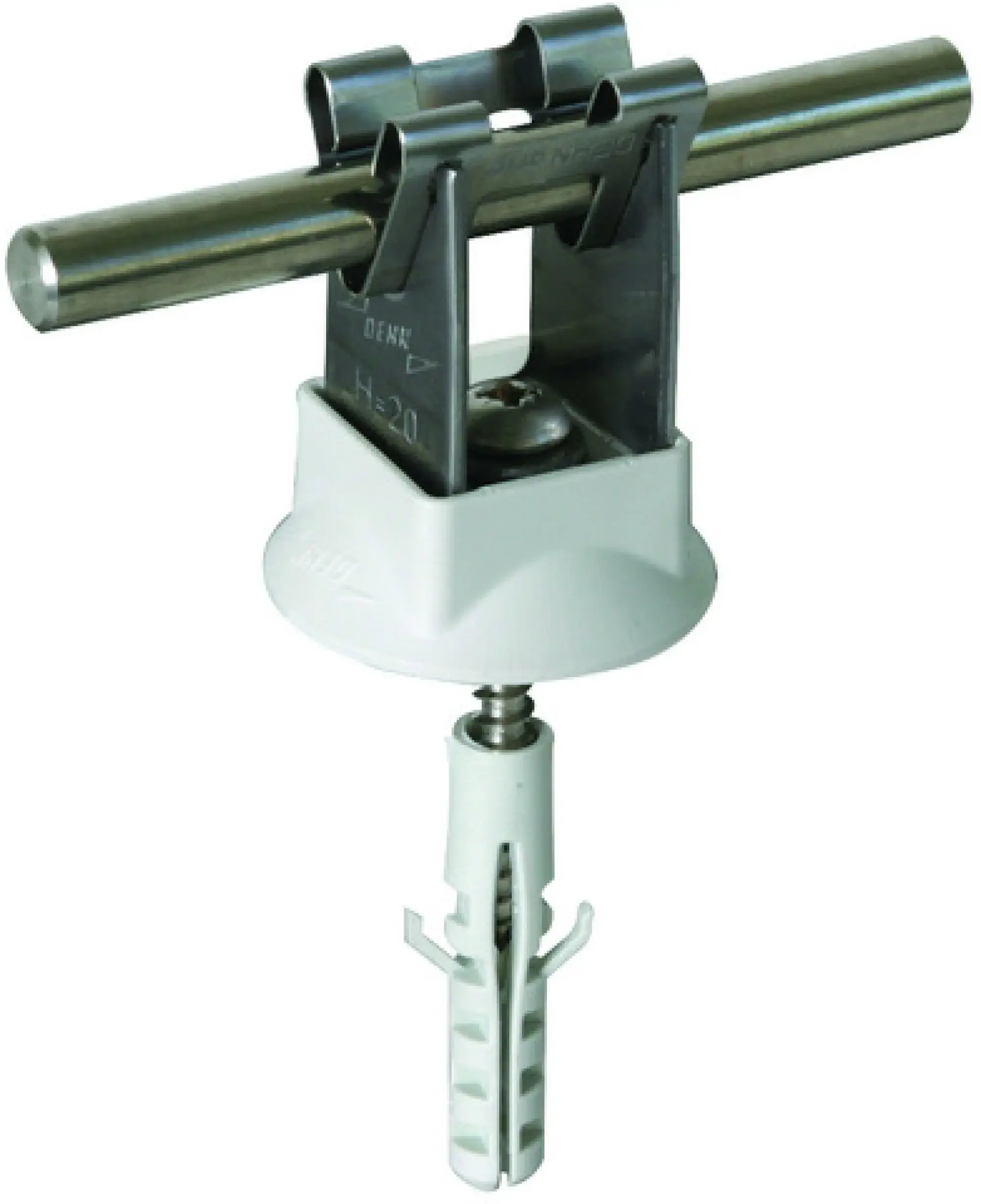 Dehn 207109 DEHNgrip conductor holder StSt f. Rd 8mm H 20mm with dowel 8x40mm and wood screw (img_001) Dehn 207109 DEHNgrip conductor holder StSt f. Rd 8mm H 20mm with dowel 8x40mm and wood screw (img_001)