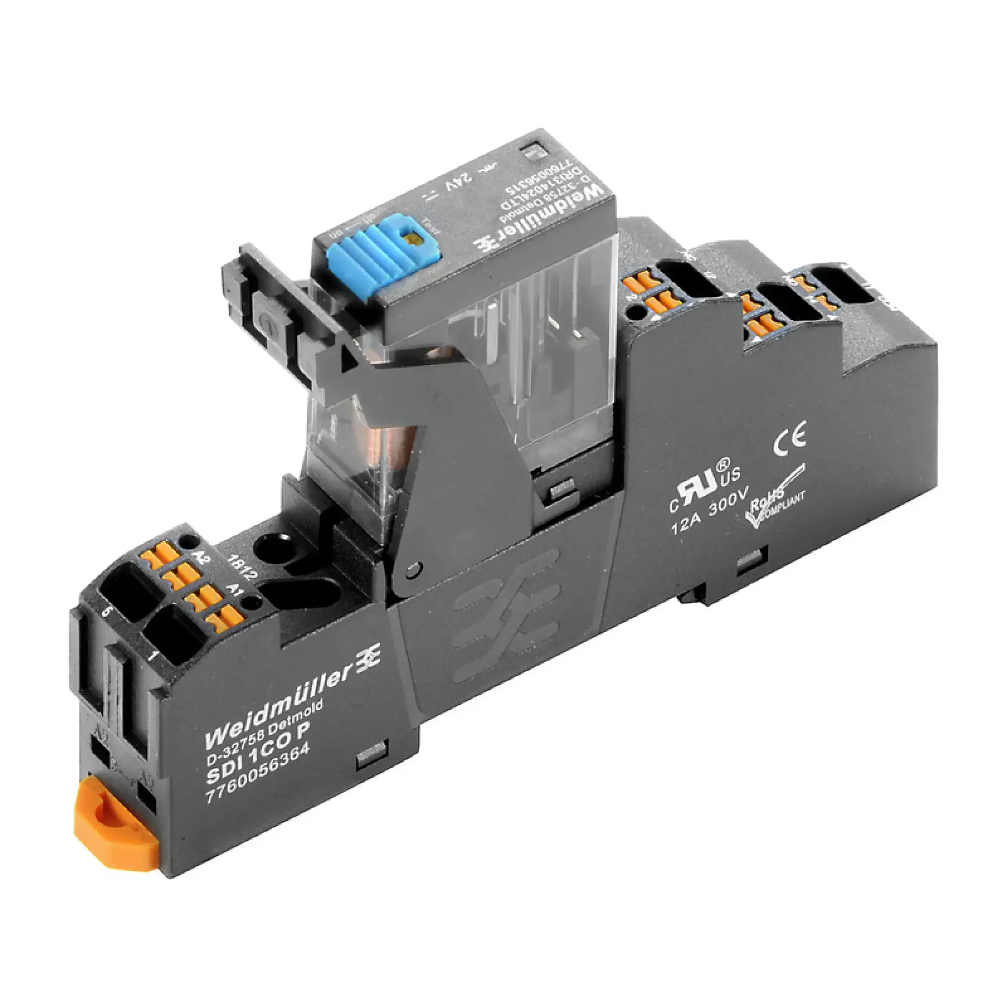 Weidmüller 2576210000 Relay module, 24 V DC, Green LED, 1 CO contact (AgSnO) , 250 V AC, 10 A, PUSH IN (img_001)