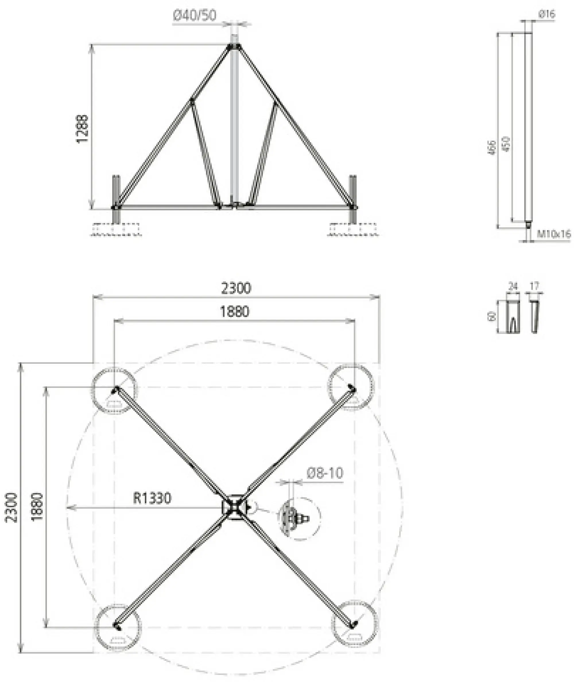 Dehn 107491 Four-legged stand hinged w. half shell f.D40/50mm radius 1330mm angle 10° StSt (img_002)