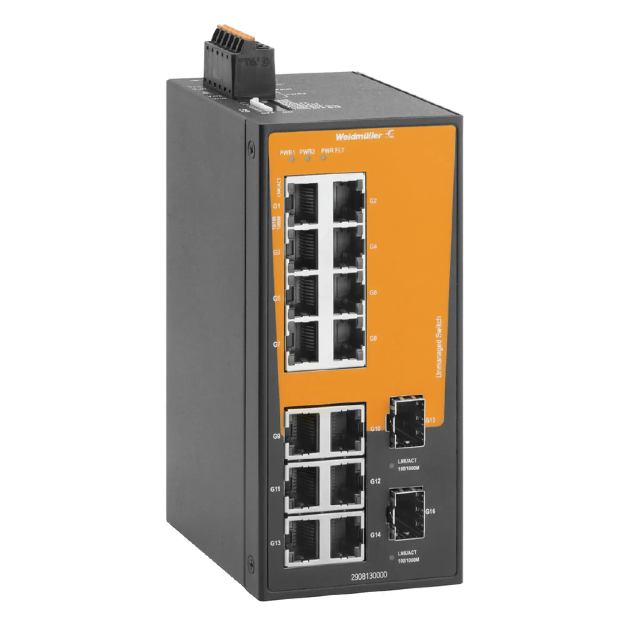 Weidmüller 2908130000 Network switch, unmanaged, Gigabit Ethernet, 14x RJ45, 2x 100/1000BaseSFP Slot, -40 °C...75 °C, IP30 IE-SW-BLB-16-14GT-2GESFP (img_001)