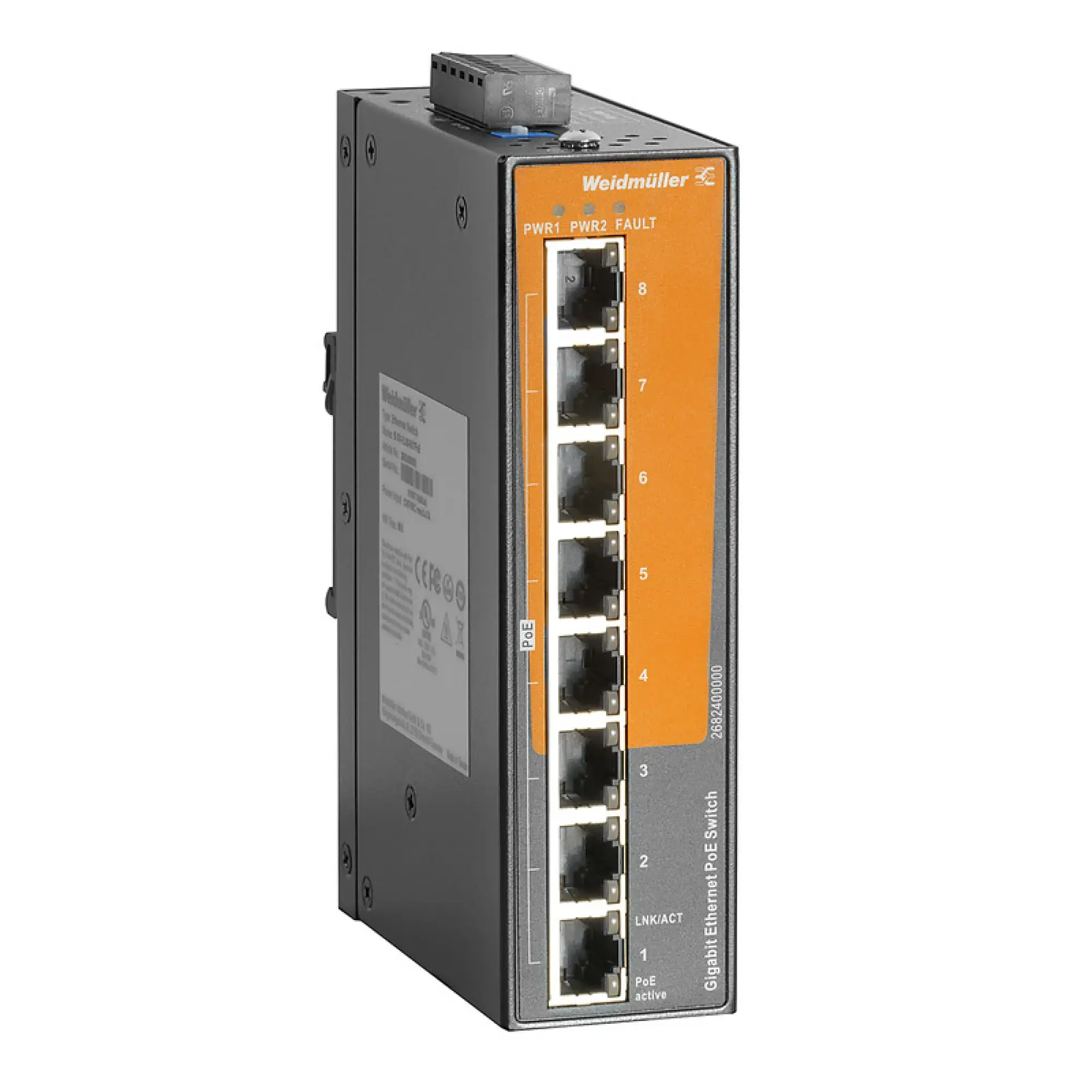 Weidmüller 2682400000 PoE switch, unmanaged PoE, Gigabit Ethernet, 8x RJ45 10/100/1000 BaseT(X) PoE+, IP30, -40 °C...70 °C (img_001) Weidmüller 2682400000 PoE switch, unmanaged PoE, Gigabit Ethernet, 8x RJ45 10/100/1000 BaseT(X) PoE+, IP30, -40 °C...70 °C (img_001)