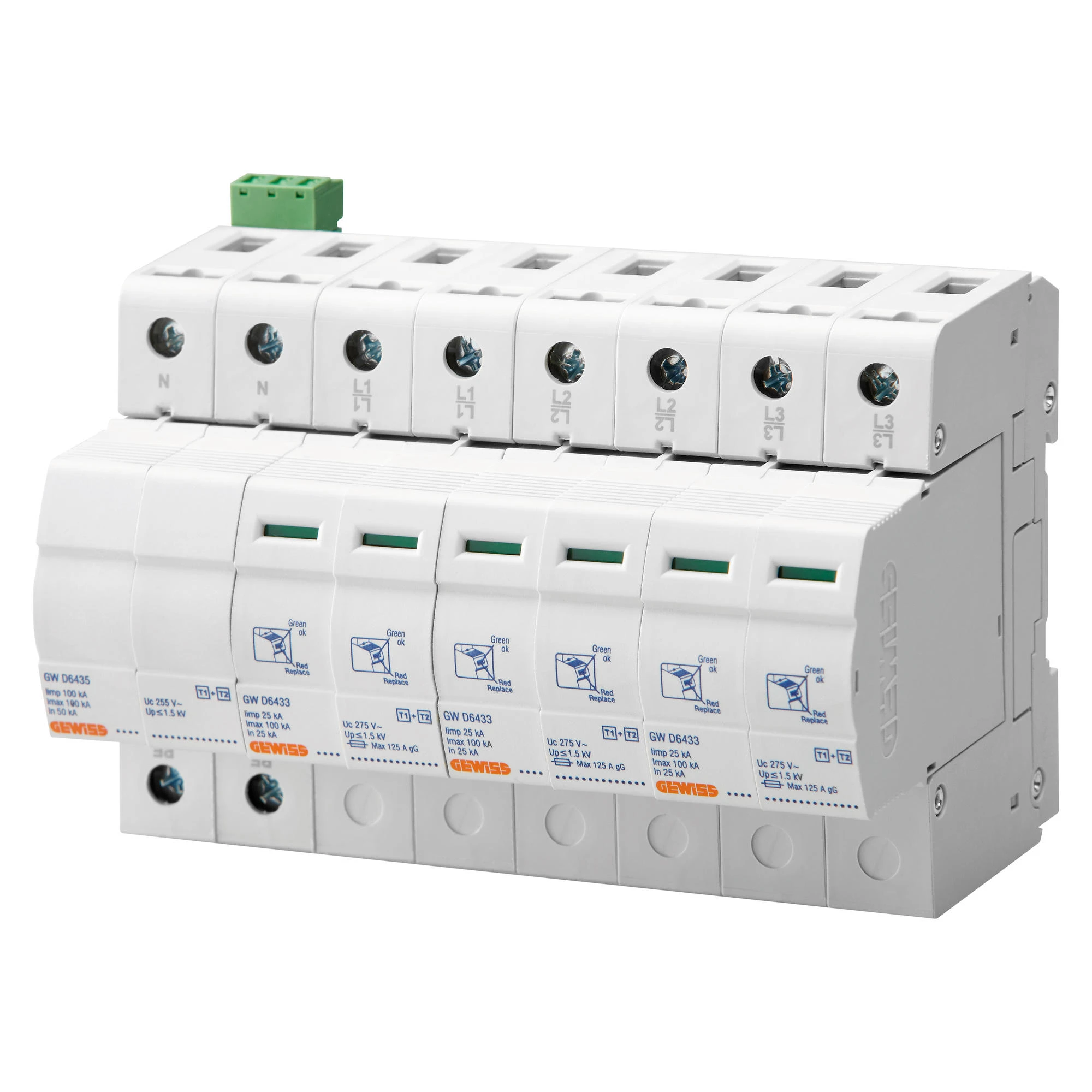 GEWISS GWD6405 Ueberspannungsableiter mit tauschbarem Modul+Kontakt Typ 1+2 400V 25kA 3P+N 8TE (img_001)