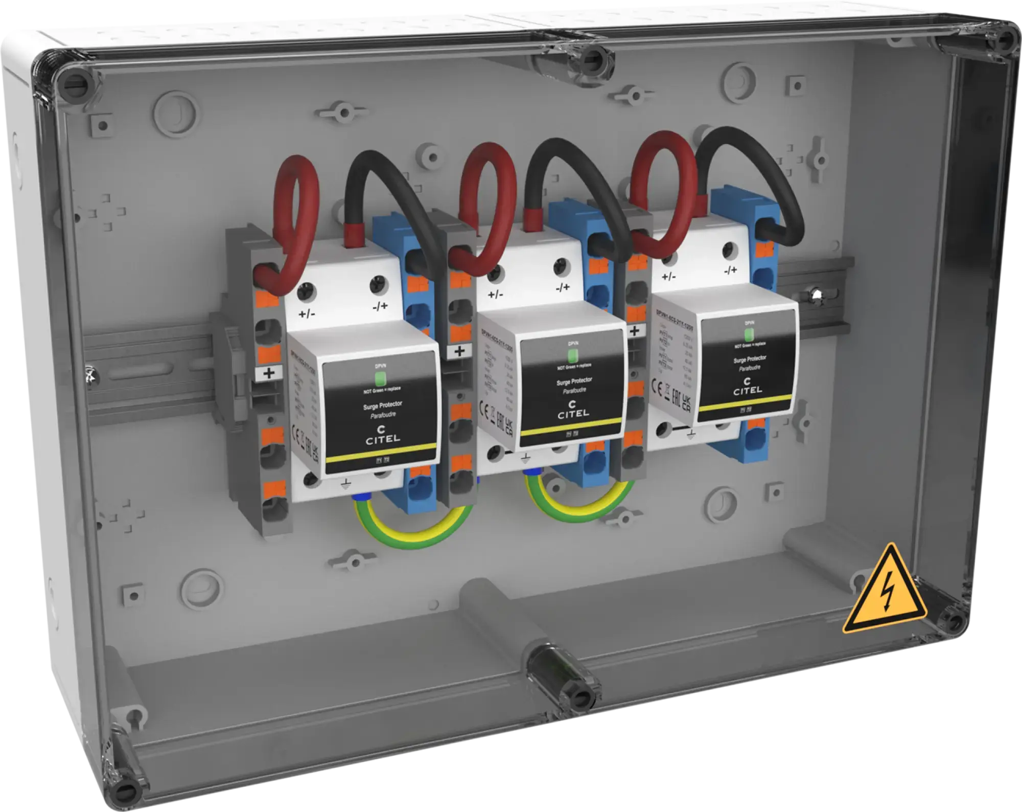 Citel 157308 Generatoranschlusskasten mit SPD Typ 1+2+3, 1200 VDC, 3-MPPT, 2 Strings (img_001) Citel 157308 Generatoranschlusskasten mit SPD Typ 1+2+3, 1200 VDC, 3-MPPT, 2 Strings (img_001)