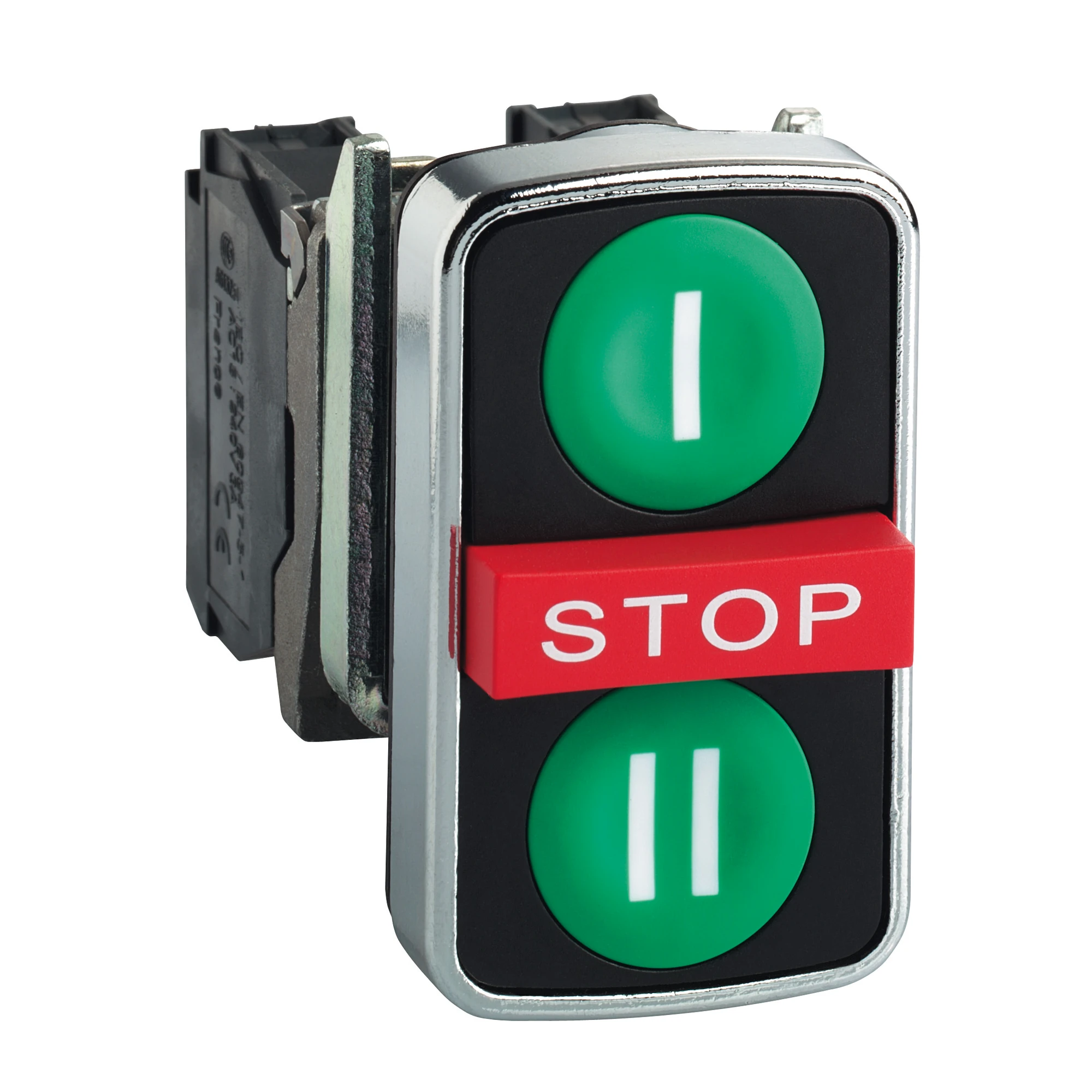 Schneider Electric XB4BA731327 Triple push button, Harmony XB4, metal, 22mm, green, red, green, labeled I/STOP/II, 1NO+1NC+1NO (img_001) Schneider Electric XB4BA731327 Triple push button, Harmony XB4, metal, 22mm, green, red, green, labeled I/STOP/II, 1NO+1NC+1NO (img_001)