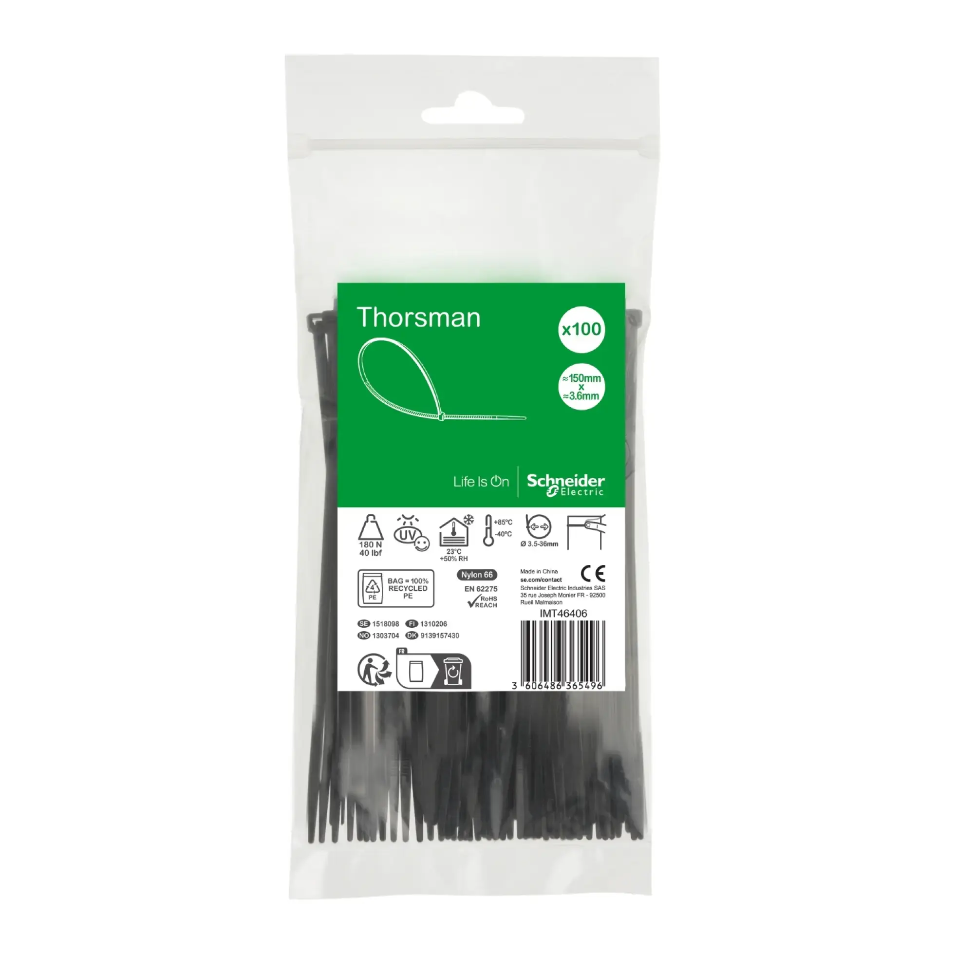 Schneider Electric IMT46406 Thorsman cable ties, Dimensions: 150X3.6 mm, pack of 100 pieces color black (img_002) Schneider Electric IMT46406 Thorsman cable ties, Dimensions: 150X3.6 mm, pack of 100 pieces color black (img_002)