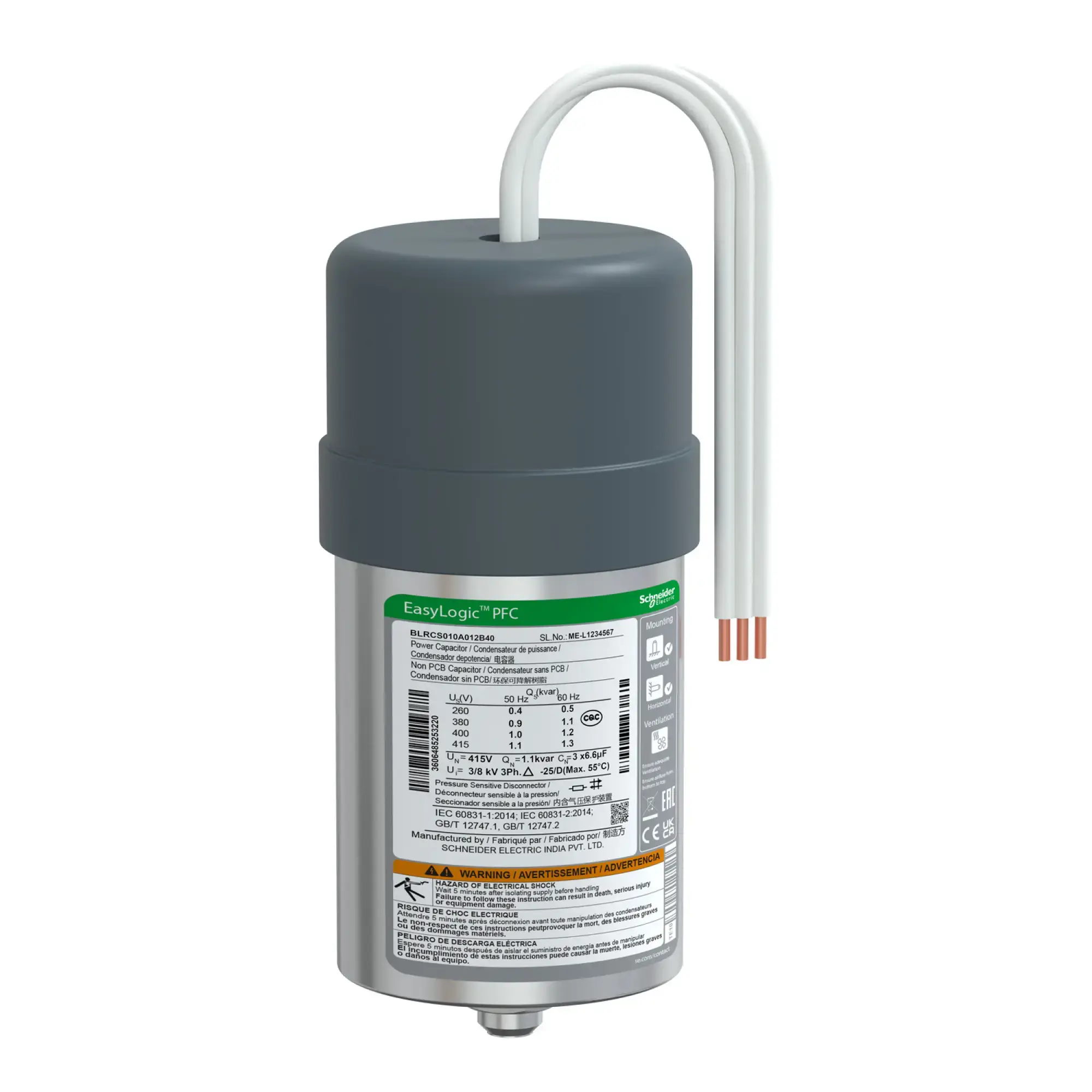 Schneider Electric BLRCS010A012B40 Standard Capacitor, EasyLogic PFC SD, 1/1.2kvar, 400V, 50/60Hz (img_002)