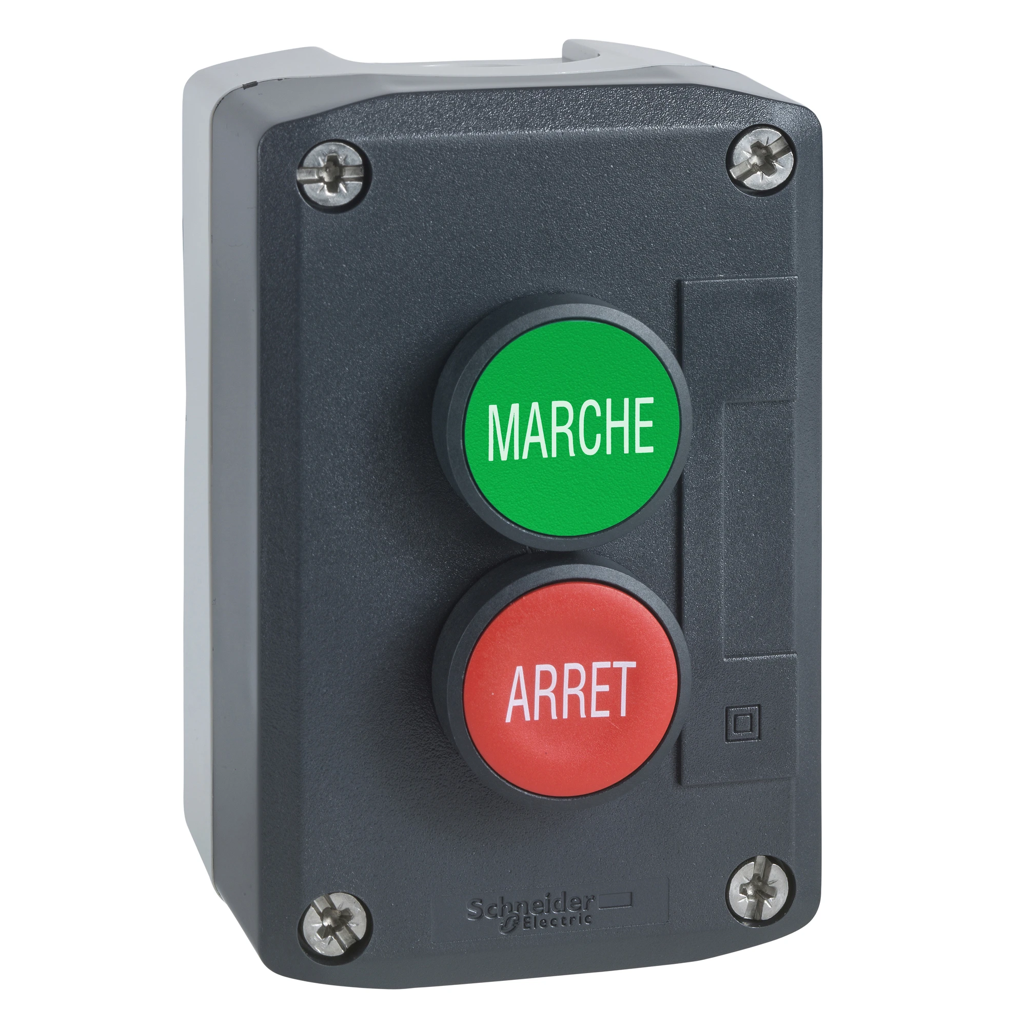 Schneider Electric XALD224 Surface mounting enclosure, Harmony XALD, plastic, dark grey, 2 push buttons, green, red, MARCHE, STOP, 22mm, 1NO+1NC (img_001) Schneider Electric XALD224 Surface mounting enclosure, Harmony XALD, plastic, dark grey, 2 push buttons, green, red, MARCHE, STOP, 22mm, 1NO+1NC (img_001)