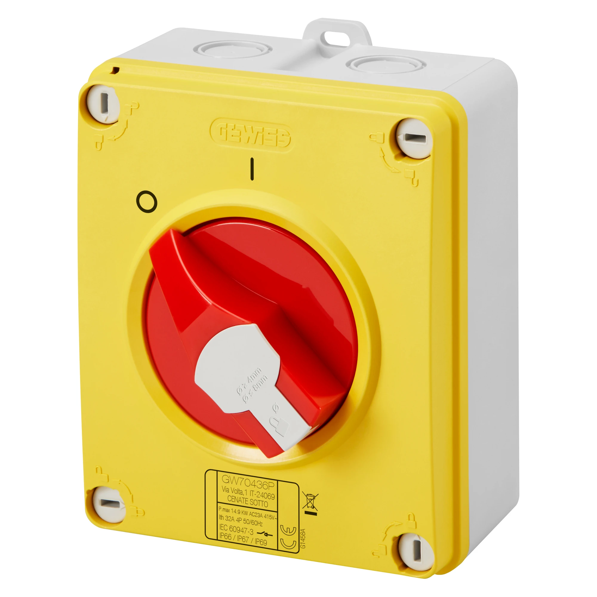 GEWISS GW70488P ROTARY ISOLATOR SWITCH - HP - EMERGENCY - ISOLATING MATERIAL BOX - 25A 4P - LOCKABLE RED KNOB - IP66/67/69 (img_001) GEWISS GW70488P ROTARY ISOLATOR SWITCH - HP - EMERGENCY - ISOLATING MATERIAL BOX - 25A 4P - LOCKABLE RED KNOB - IP66/67/69 (img_001)
