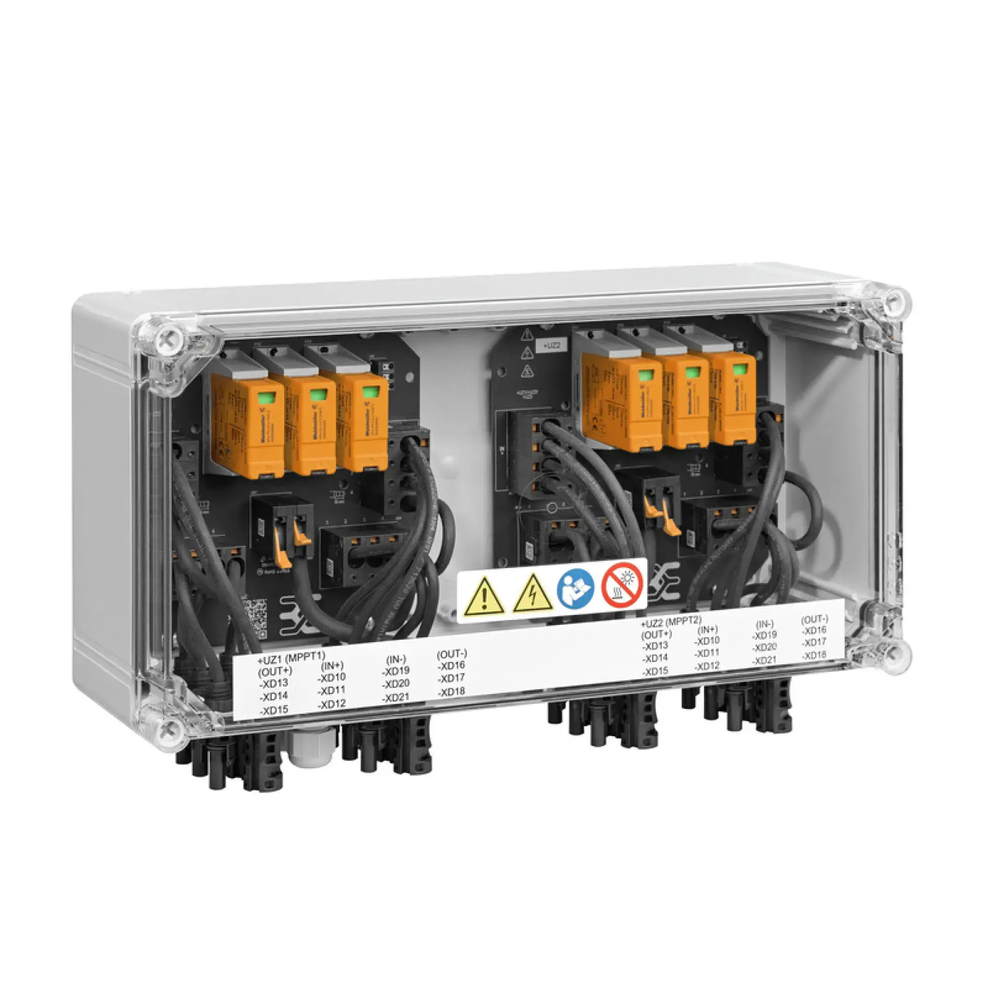 Weidmüller 2890330000 Combiner Box (Photovoltaik), 1100 V, 2 MPP's, 3 Inputs / 3 Outputs per MPP, Surge protection I / II, MC4-Evo 2 (img_001) Weidmüller 2890330000 Combiner Box (Photovoltaik), 1100 V, 2 MPP's, 3 Inputs / 3 Outputs per MPP, Surge protection I / II, MC4-Evo 2 (img_001)