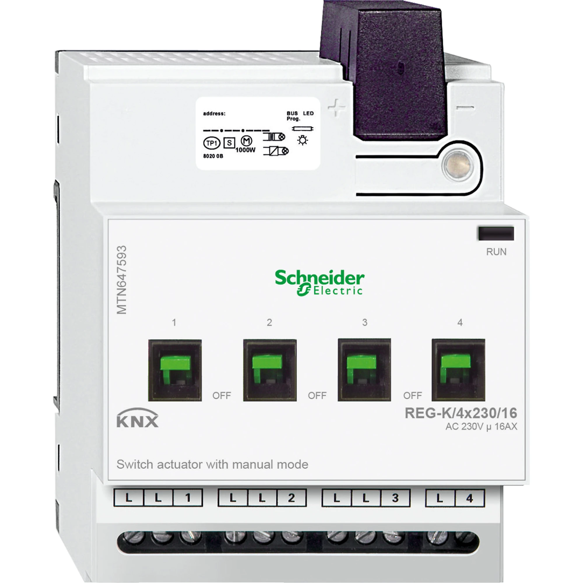 Schneider Electric MTN647593 Switching actuator REG-K/4x230/16 with manual operation, light grey (img_001) Schneider Electric MTN647593 Switching actuator REG-K/4x230/16 with manual operation, light grey (img_001)