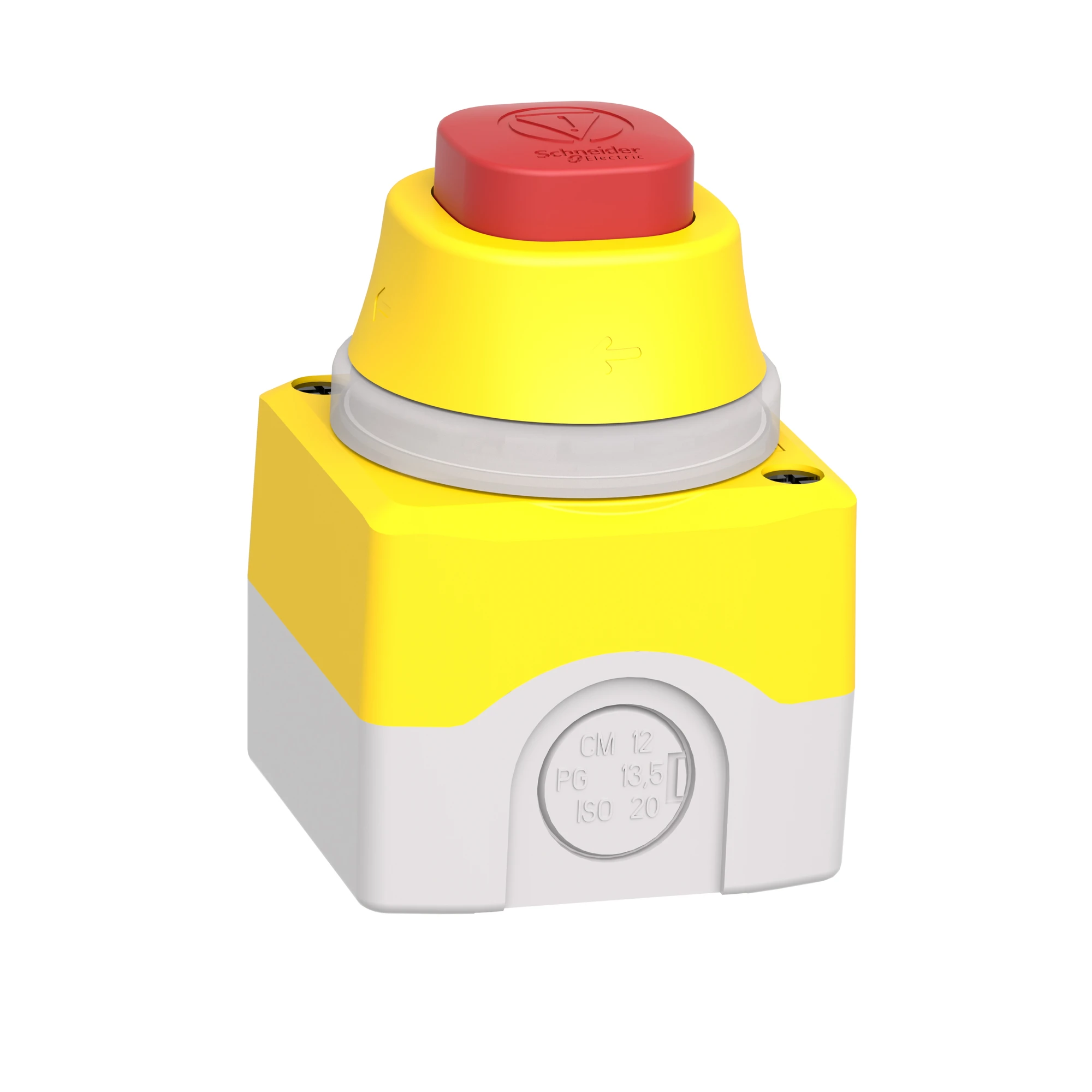 Schneider Electric XALK84W3BG Surface mounting enclosure, Harmony XALK, plastic, light grey, yellow, 1 illuminated emergency stop switch, 2 LEDs, white, red, 24V, 2NC+1NO (img_002)