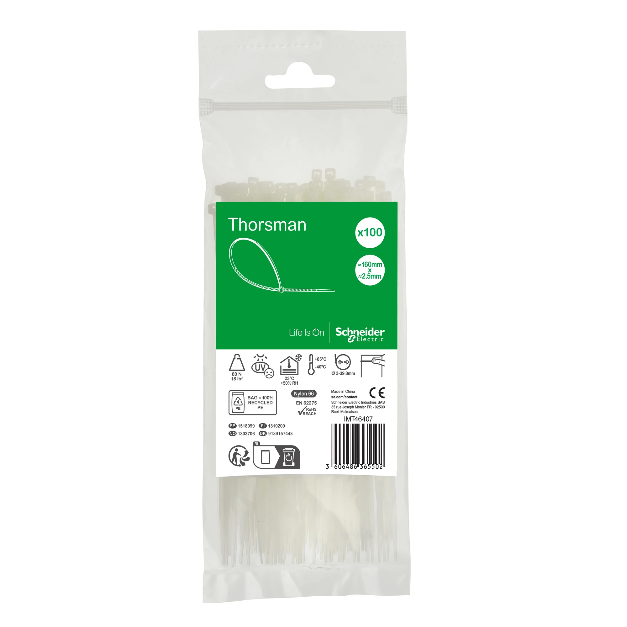 Schneider Electric IMT46407 Thorsman Cable Ties, Dimension: 160X2.5 mm, Pack of 100 Pieces Color: clear (img_001) Schneider Electric IMT46407 Thorsman Cable Ties, Dimension: 160X2.5 mm, Pack of 100 Pieces Color: clear (img_001)
