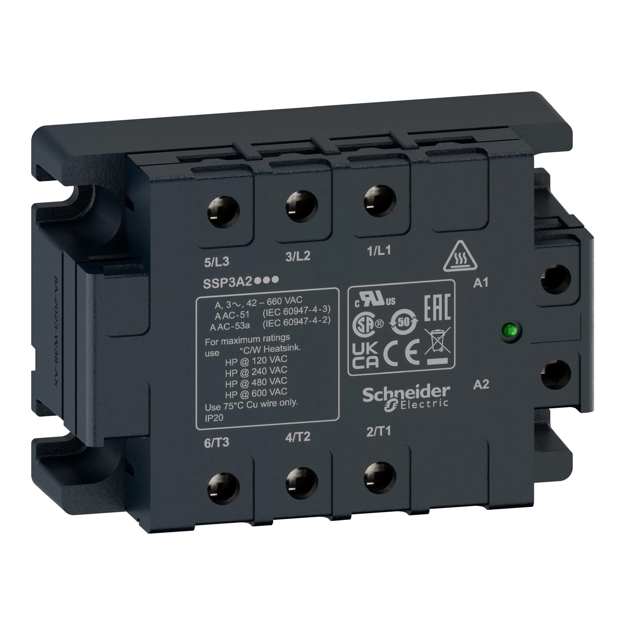 Schneider Electric SSP3A225BDT Semiconductor relay, 48-530 VAC, 3x 25 A, zero voltage, I: 4-32 VDC, heat foil (img_001) Schneider Electric SSP3A225BDT Semiconductor relay, 48-530 VAC, 3x 25 A, zero voltage, I: 4-32 VDC, heat foil (img_001)