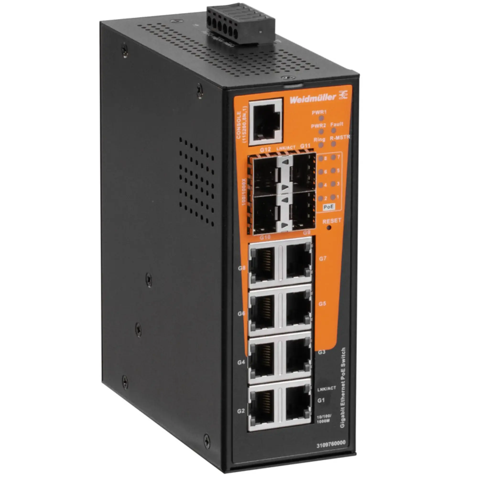 Weidmüller 3109760000 Network switch, managed PoE, Gigabit Ethernet, 8x RJ45 10/100/1000 BaseT(X) PoE+, 4x 100/1000BaseSFP Slot, -40 °C...75 °C, IP30 IE-SW-AL12M-8GTPOE-4GESFP-120W (img_001) Weidmüller 3109760000 Network switch, managed PoE, Gigabit Ethernet, 8x RJ45 10/100/1000 BaseT(X) PoE+, 4x 100/1000BaseSFP Slot, -40 °C...75 °C, IP30 IE-SW-AL12M-8GTPOE-4GESFP-120W (img_001)