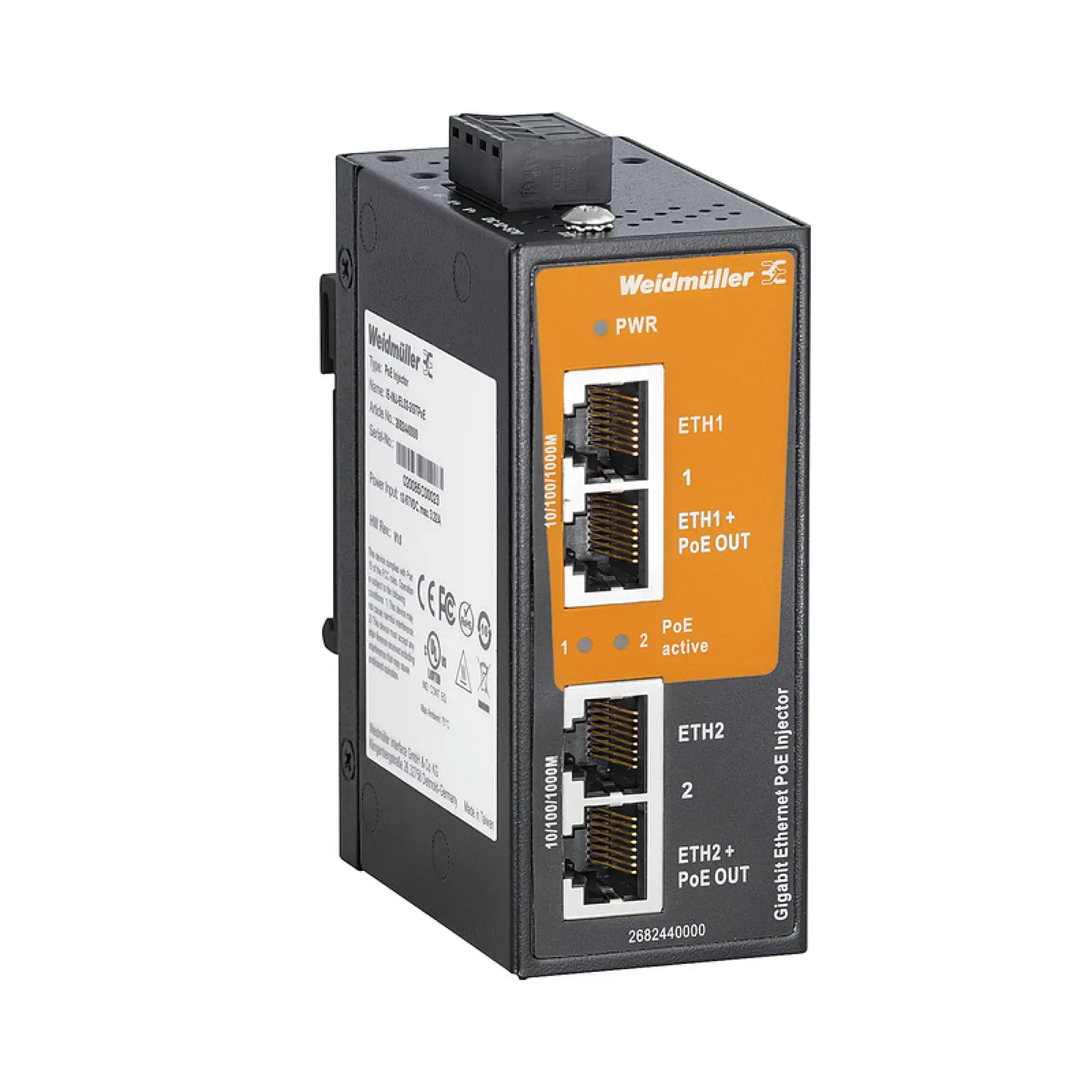 Weidmüller 2682440000 PoE injector, Gigabit Ethernet, 2x RJ45 10/100/1000BaseT(X), 2x RJ45 10/100/1000 BaseT(X) PoE+, IP30, -40 °C...75 °C (img_001) Weidmüller 2682440000 PoE injector, Gigabit Ethernet, 2x RJ45 10/100/1000BaseT(X), 2x RJ45 10/100/1000 BaseT(X) PoE+, IP30, -40 °C...75 °C (img_001)
