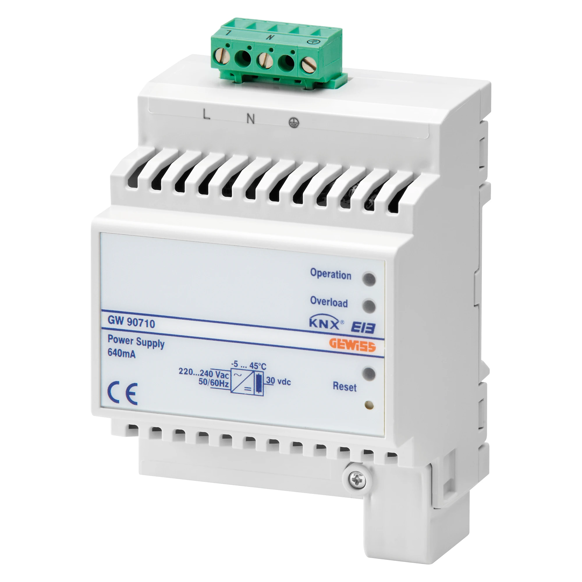 GEWISS GW90710 SELF-PROTECTED ELECTRONIC POWER SUPPLY 220-240V - 50/60Hz - 640mA - IP20 - 4 MODULES - DIN RAIL MOUNTING (img_001)