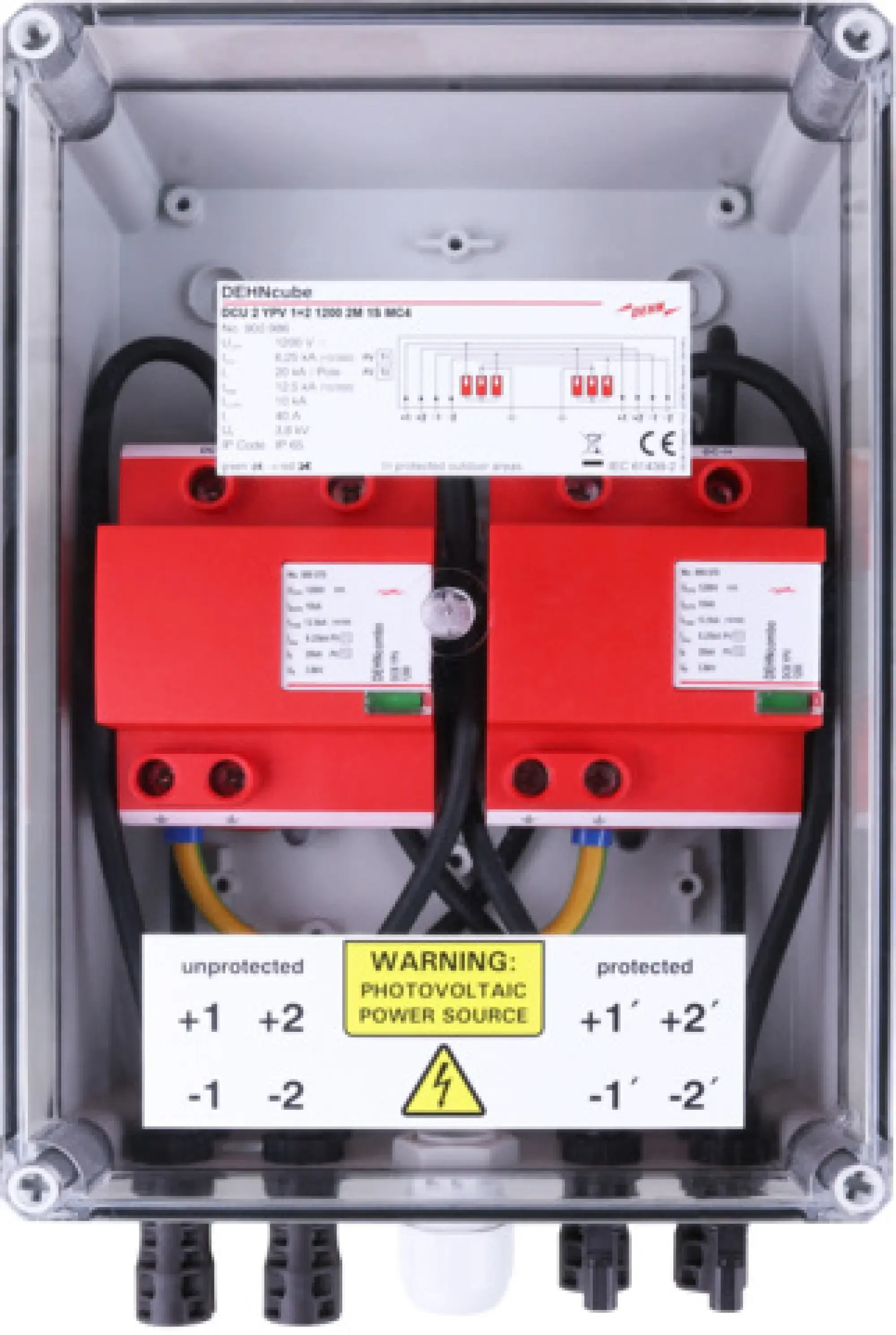 Dehn 900986 Type1+2 generator junct. box,IP65 encl. f. PV, 2MPPT, 1 string each, to 1200V DC (img_003) Dehn 900986 Type1+2 generator junct. box,IP65 encl. f. PV, 2MPPT, 1 string each, to 1200V DC (img_003)