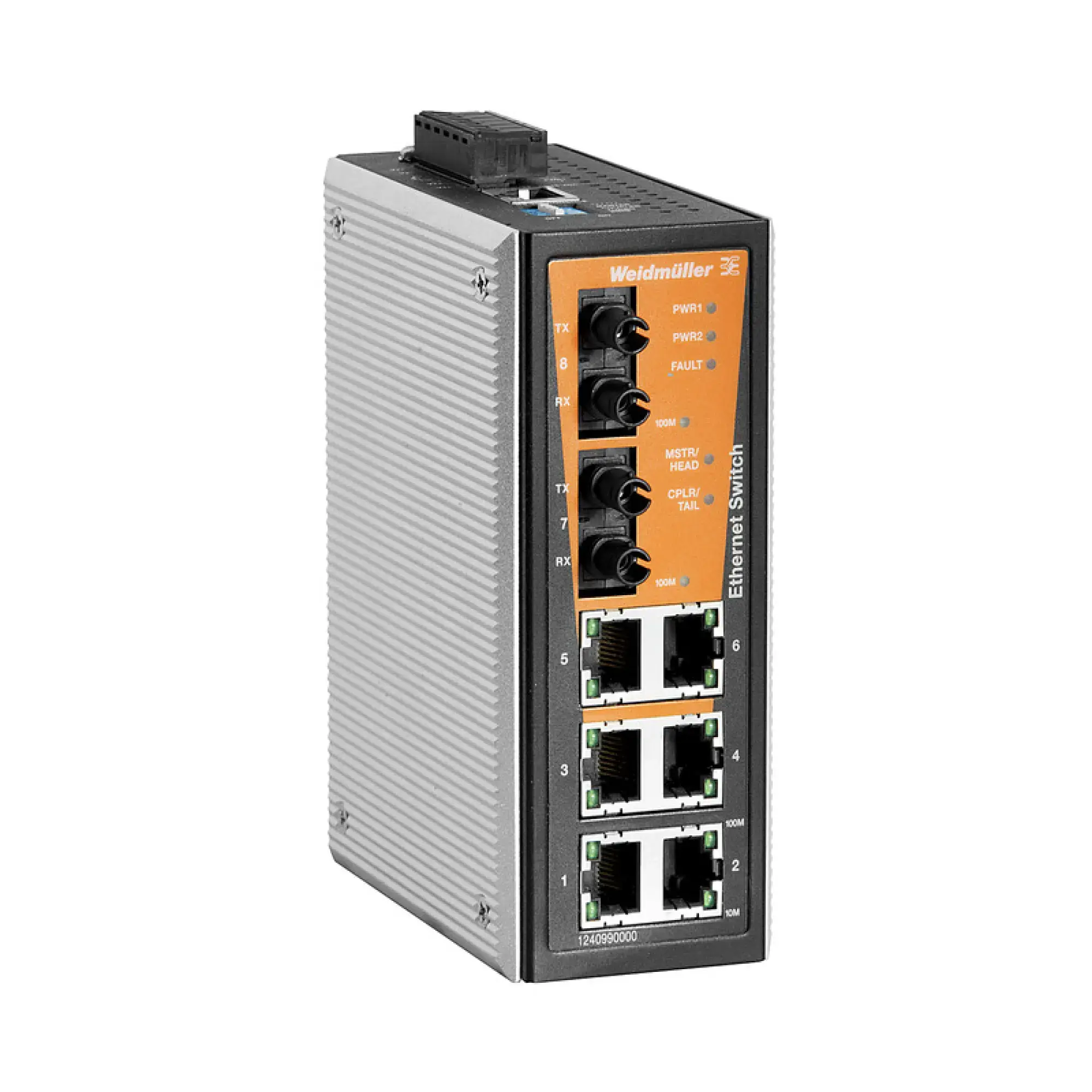 Weidmüller 1240990000 Network switch (managed), managed, Fast Ethernet, Number of ports: 6x RJ45, 2 * ST Multi-mode, -40 °C...75 °C, IP30 (img_001)