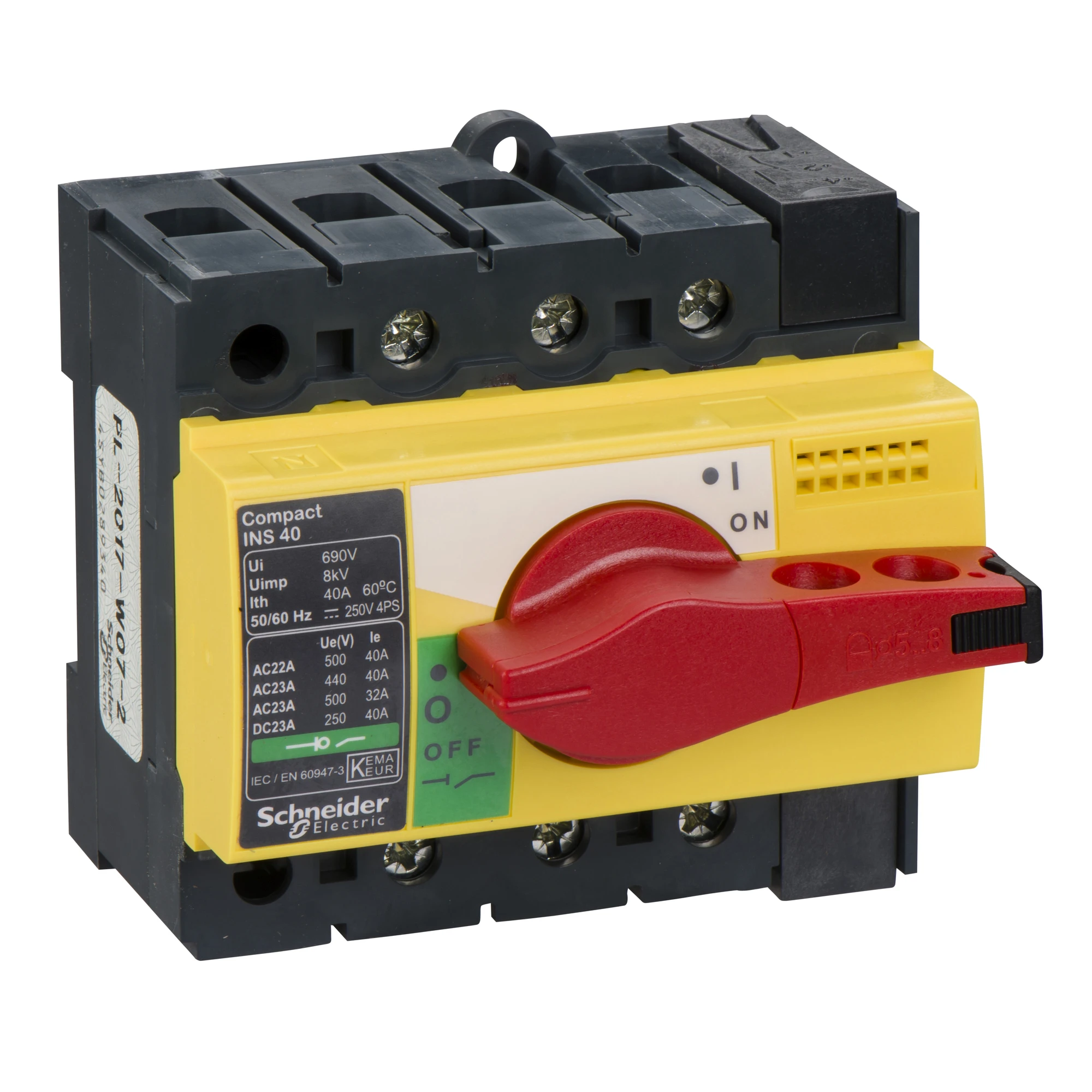 Schneider Electric 28916 Load disconnect switch INS40, 3P, 40A/690V AC/250V DC, Rotary drive red/base yellow (img_001)