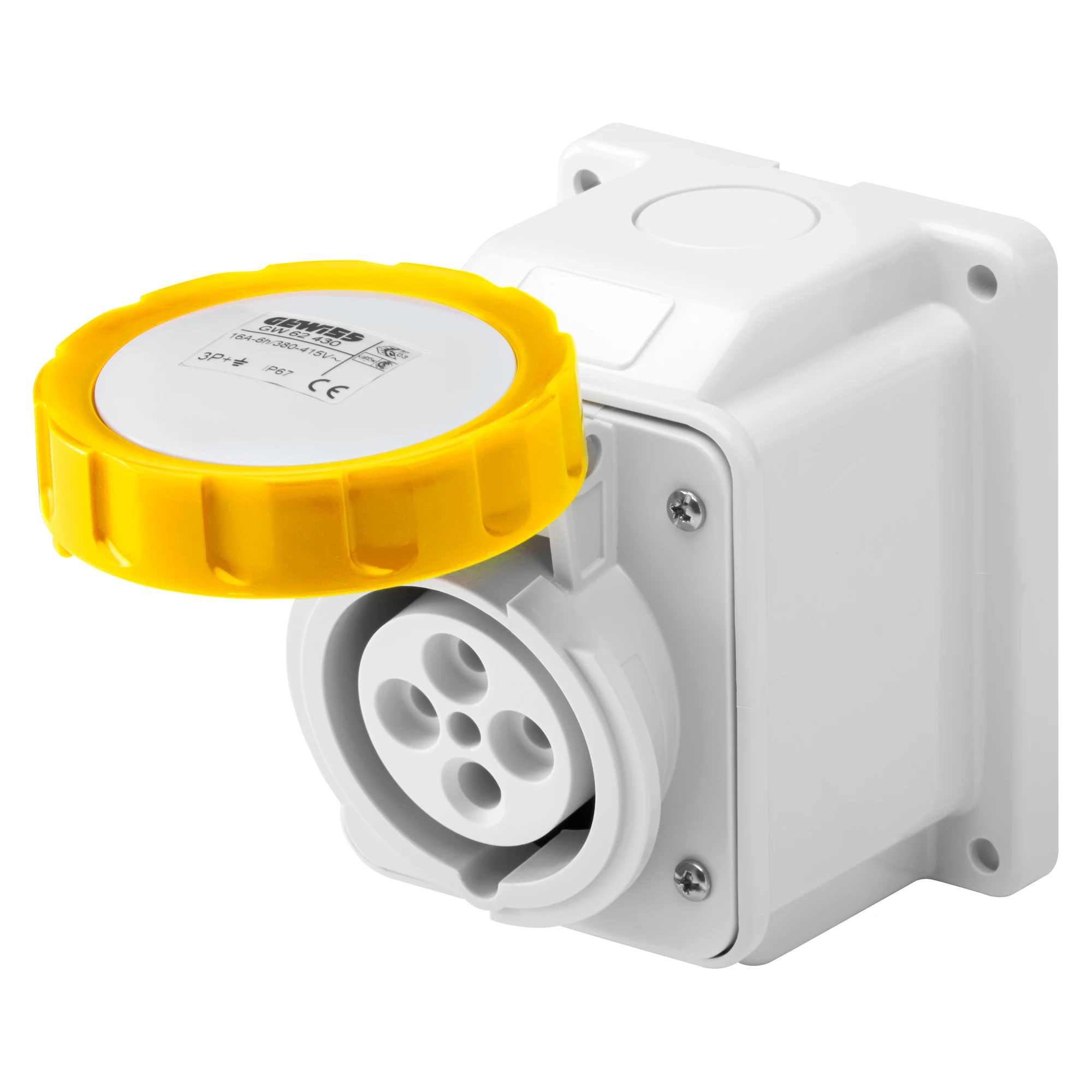 GEWISS GW62423 10° ANGLED SURFACE-MOUNTING SOCKET-OUTLET - IP67 - 2P+E 16A 100-130V 50/60HZ - YELLOW - 4H - SCREW WIRING (img_001)