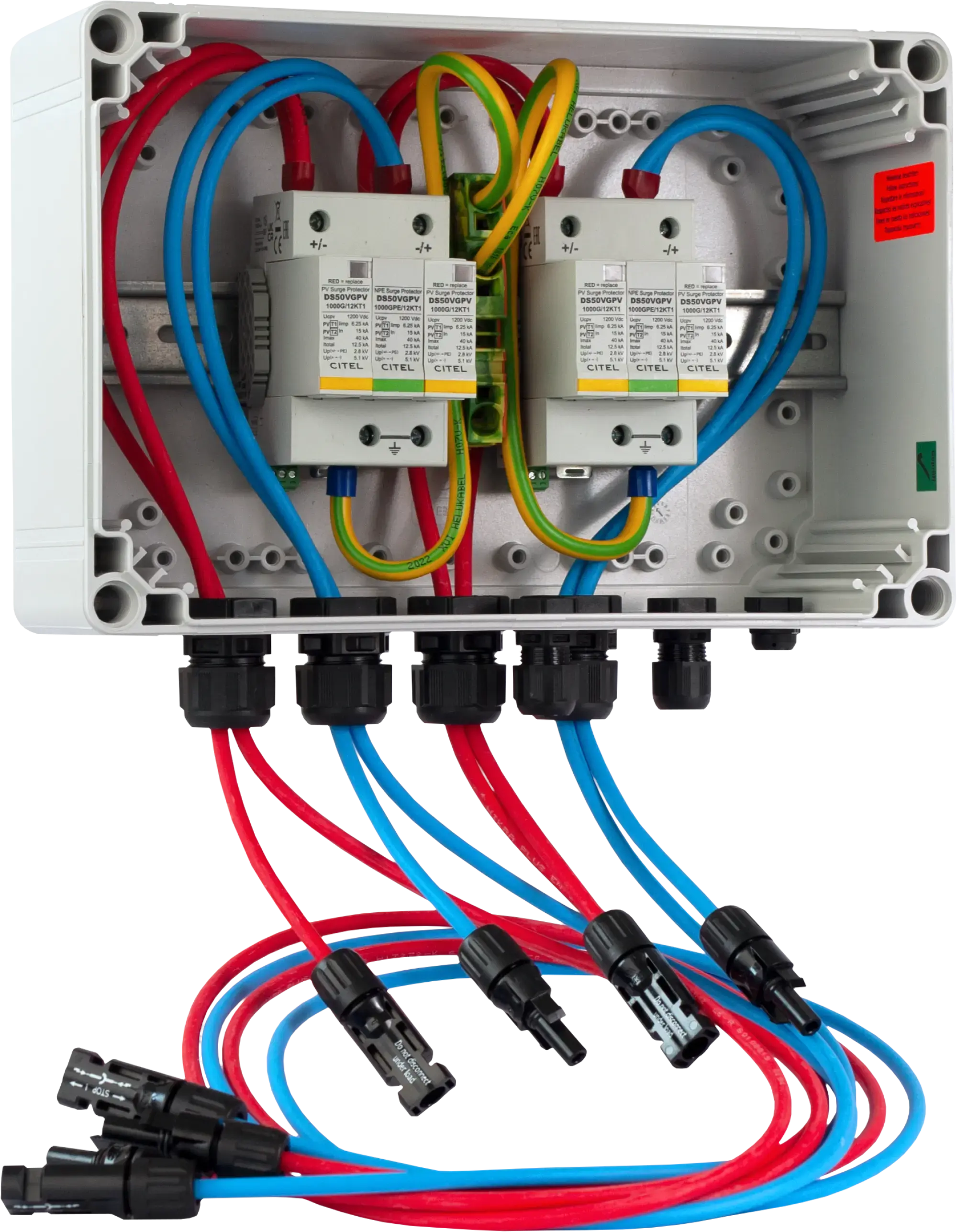 Citel 158572 Generatoranschlusskasten mit SPD Typ 1+2 bis 1200 VDC, 2-MPPT, 1 String MC4 (img_001) Citel 158572 Generatoranschlusskasten mit SPD Typ 1+2 bis 1200 VDC, 2-MPPT, 1 String MC4 (img_001)