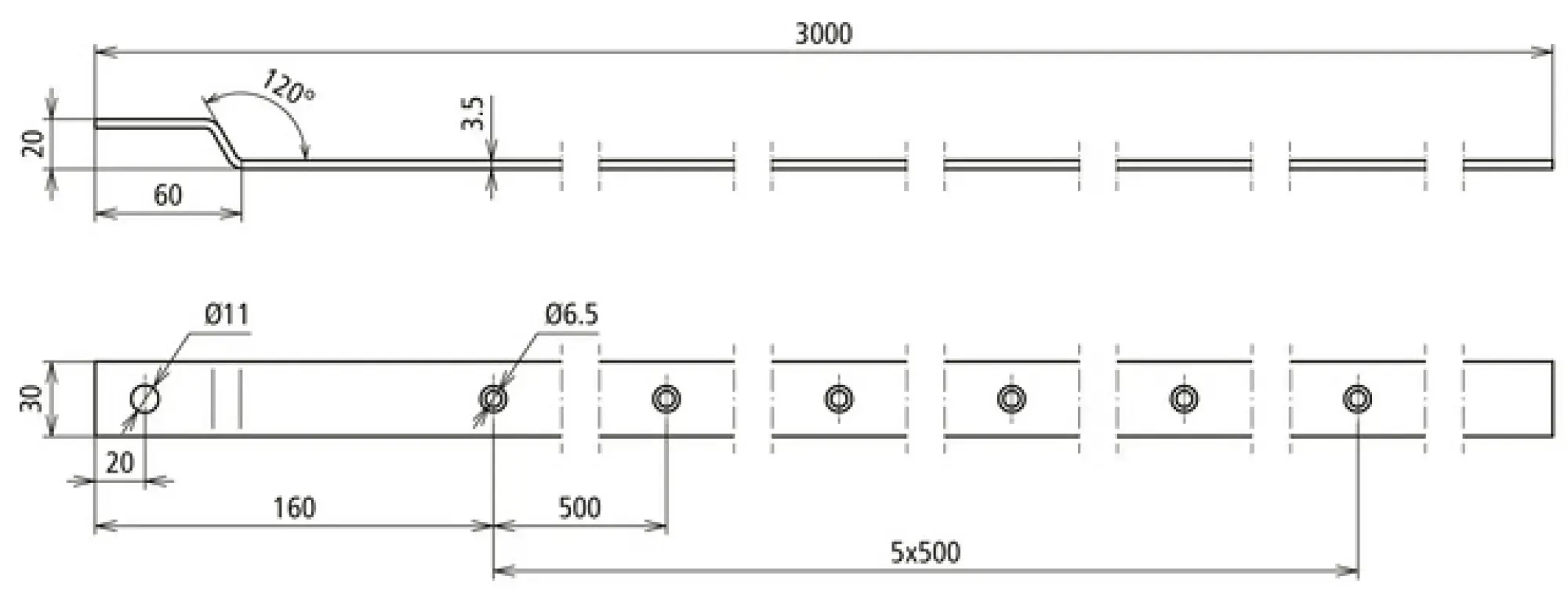 Dehn 860330 Terminal lug angled Fl 30x3.5mm StSt (V4A) L 3000mm with bore 11mm (img_002)