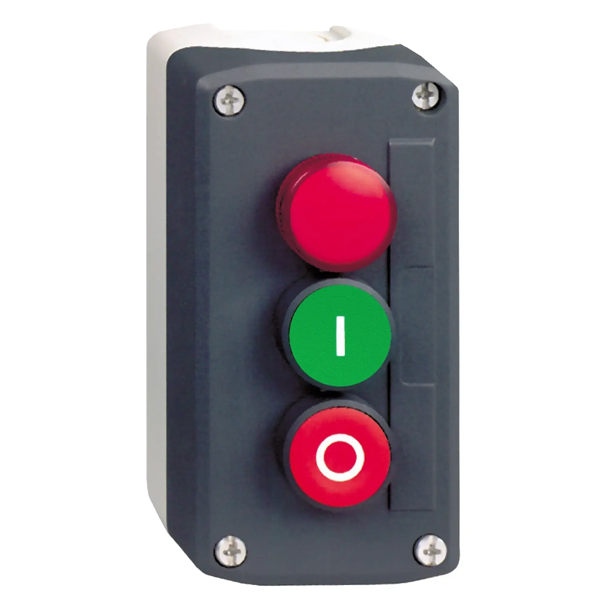 Schneider Electric XALD363B Surface-mounted enclosure, Harmony XALD, plastic, dark grey, 2 push-buttons, I-O, 1 pilot light, 24V ACDC, 22mm, 1NC+1NO (img_007)