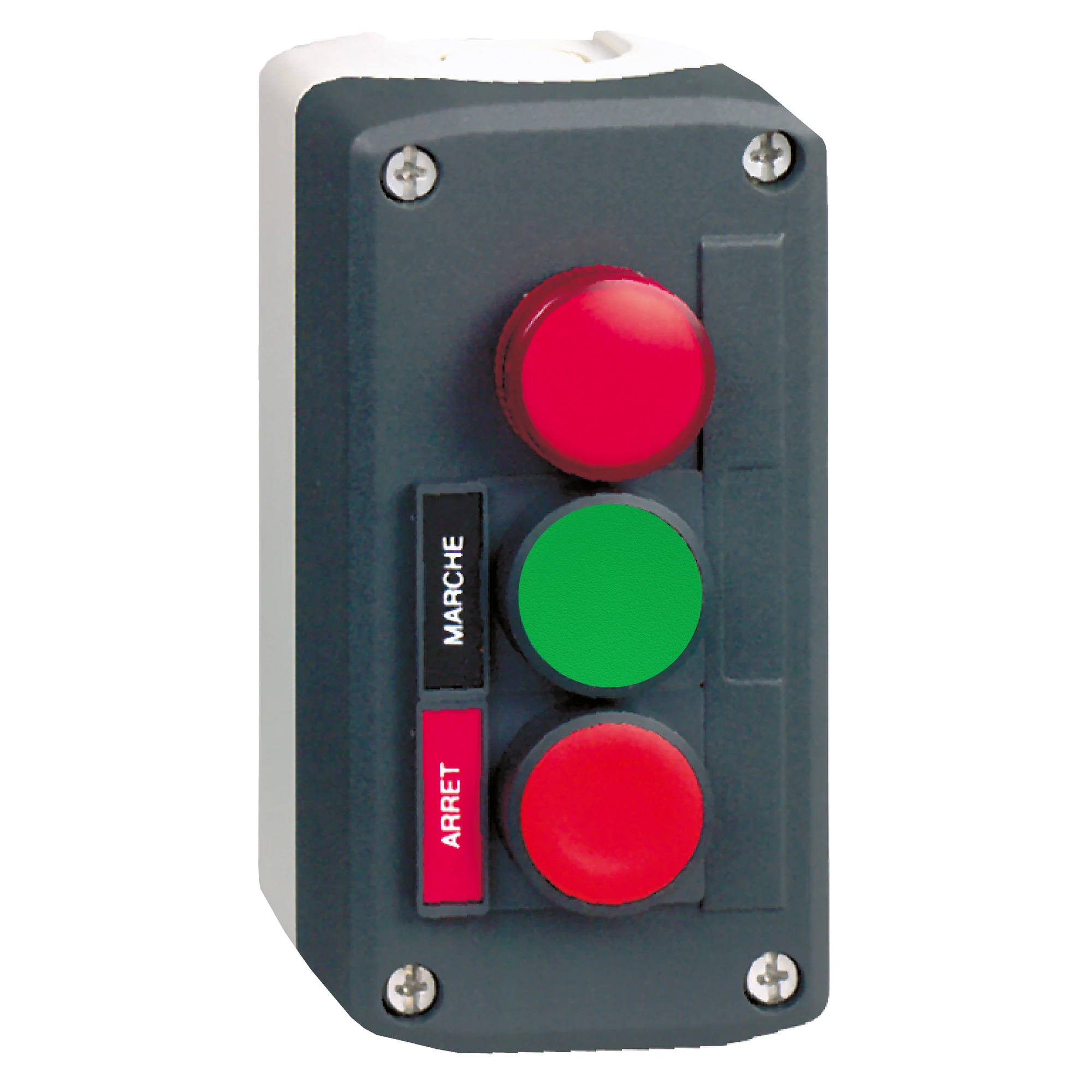 Schneider Electric XALD361B Surface-mounted enclosure, Harmony XALD, plastic, dark gray, 2 push buttons, MARCHE, STOP, 1 pilot light, 24V ACDC, 22mm, 1NO+1NC (img_001) Schneider Electric XALD361B Surface-mounted enclosure, Harmony XALD, plastic, dark gray, 2 push buttons, MARCHE, STOP, 1 pilot light, 24V ACDC, 22mm, 1NO+1NC (img_001)