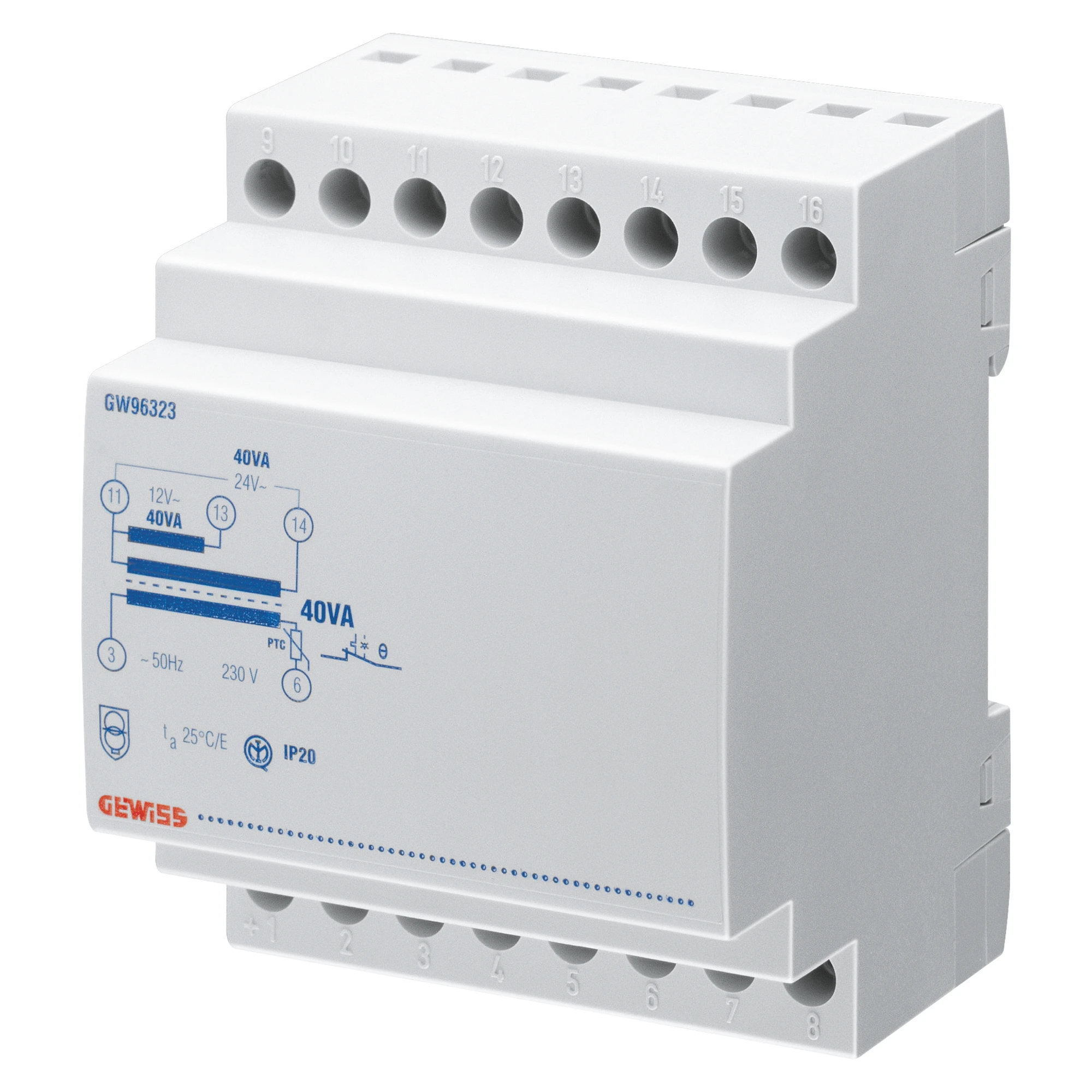 GEWISS GW96322 Sicherheitstransformator Reiheneinbaugeraet Prim.230V Sek.12/24V 25VA 3TE (img_001)