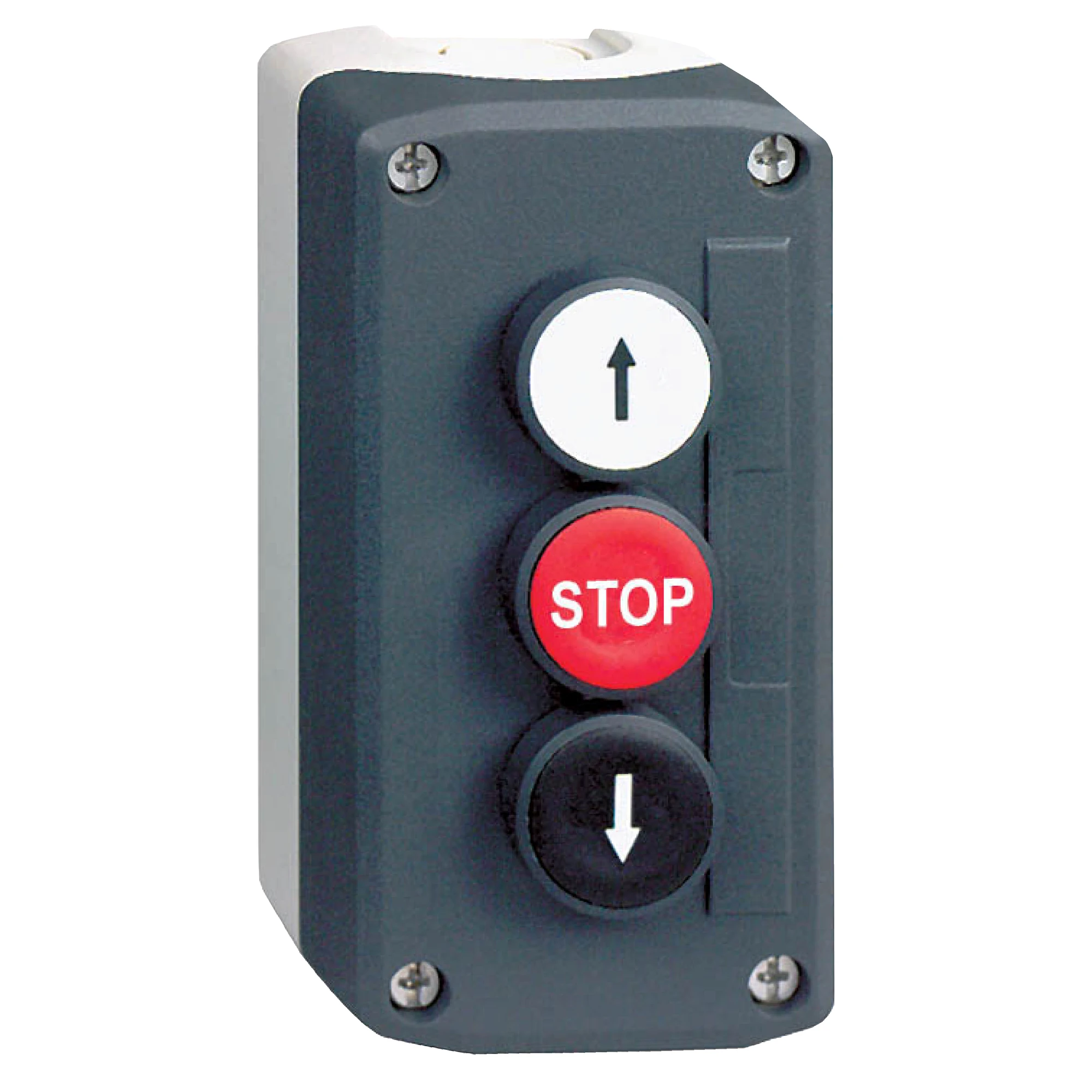 Schneider Electric XALD326 Surface-mounted enclosure, Harmony XALD, plastic, dark gray, 3 push-buttons, STOP, arrows up-down, 22mm, 2NO+1NC (img_001) Schneider Electric XALD326 Surface-mounted enclosure, Harmony XALD, plastic, dark gray, 3 push-buttons, STOP, arrows up-down, 22mm, 2NO+1NC (img_001)