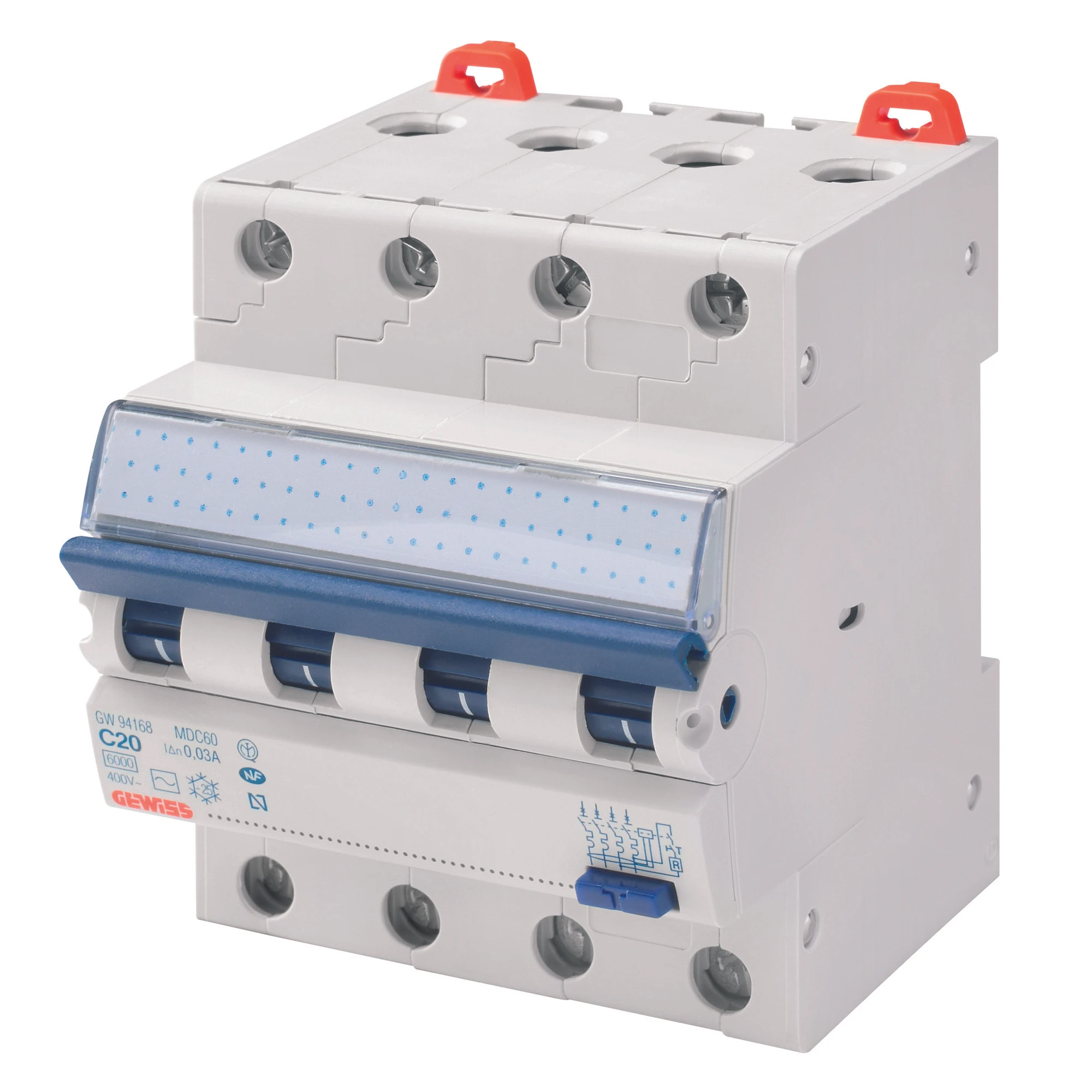GEWISS GW95817 COMPACT RESIDUAL CURRENT CIRCUIT BREAKER WITH OVERCURRENT PROTECTION - MDC 60 - CURVE C - 4P 16A 30mA - TYPE A IMPULSE RESISTANT - 4 MODULES (img_001)