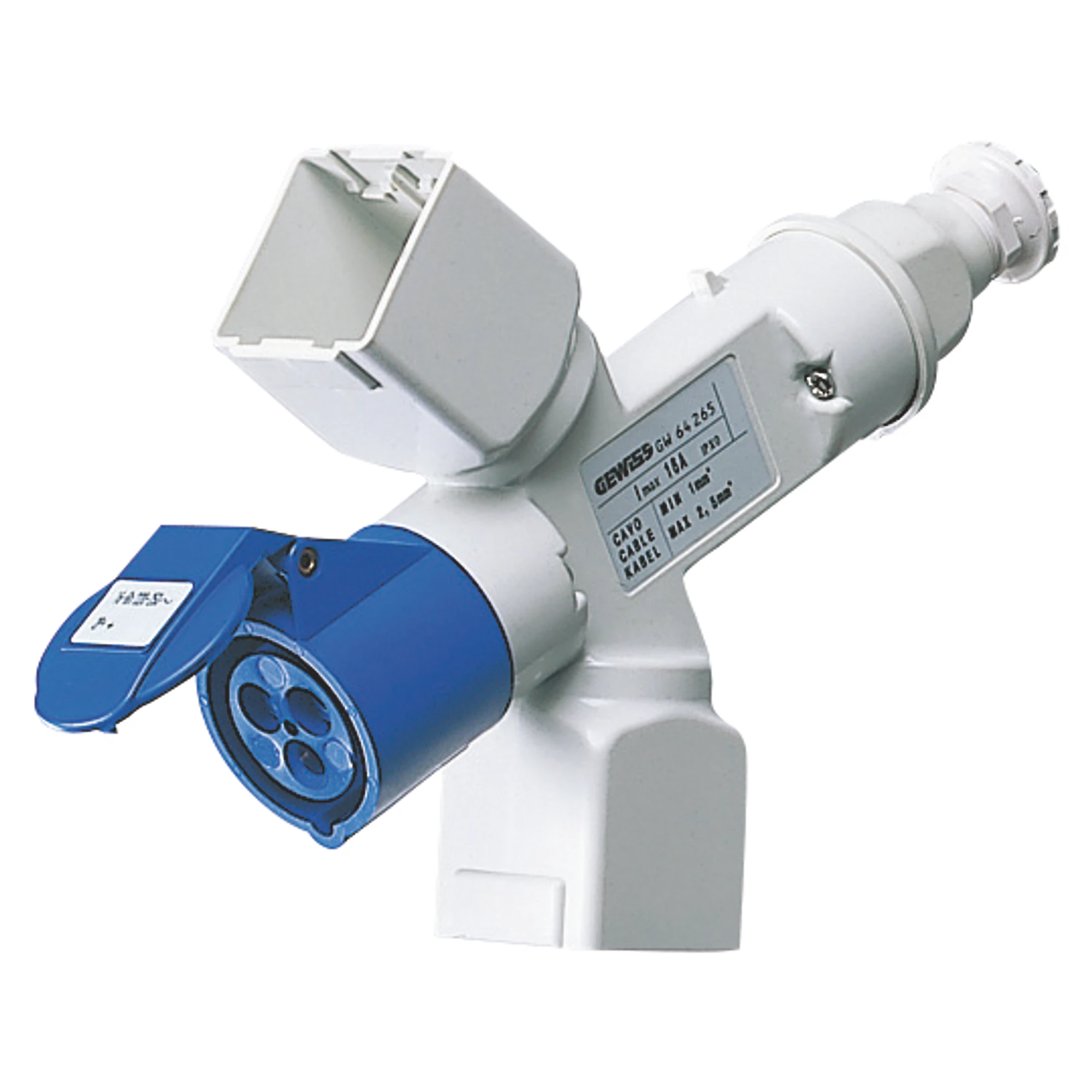 GEWISS GW64265 BRANCHED ADAPTOR IP44 - 2 BRANCHED OUTLETS - FITTED FOR CABLE AND PLUG - 2+2 SYSTEM MODULES + 1 SOCKET-OUTLET 2P+E 16A 230V ac (img_001)