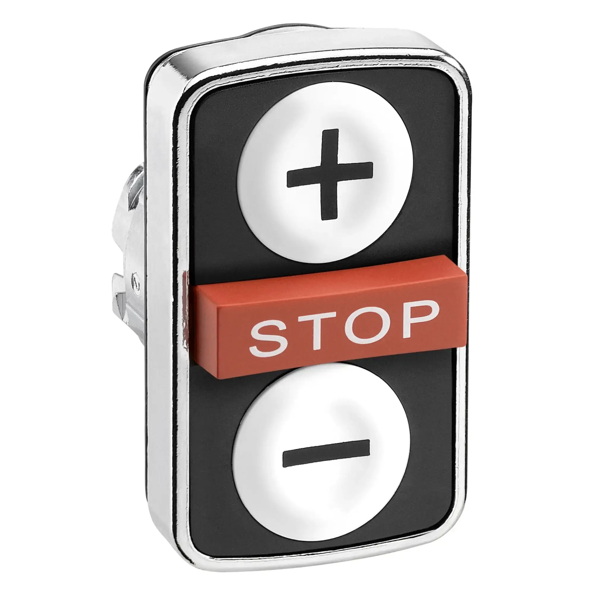 Schneider Electric ZB4BA71115 Triple Push Button, Front Element, Harmony XB4, Metal, 22mm, White, Red, Labeled Plus/Minus/STOP, Momentary (img_002) Schneider Electric ZB4BA71115 Triple Push Button, Front Element, Harmony XB4, Metal, 22mm, White, Red, Labeled Plus/Minus/STOP, Momentary (img_002)