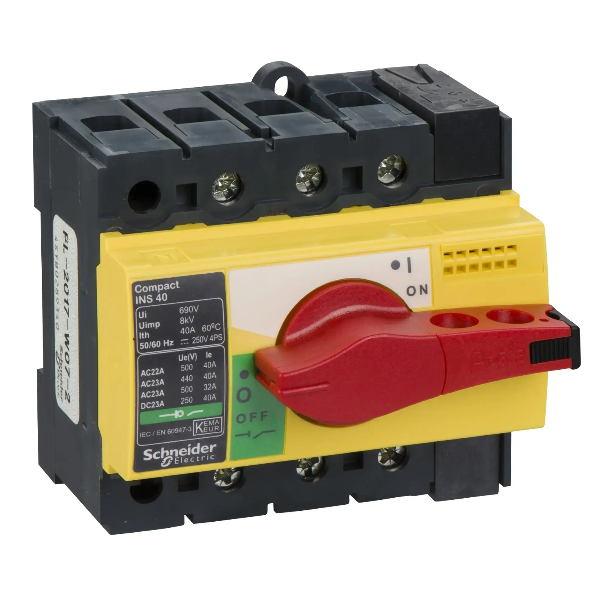 Schneider Electric 28916 Load disconnect switch INS40, 3P, 40A/690V AC/250V DC, Rotary drive red/base yellow (img_002) Schneider Electric 28916 Load disconnect switch INS40, 3P, 40A/690V AC/250V DC, Rotary drive red/base yellow (img_002)