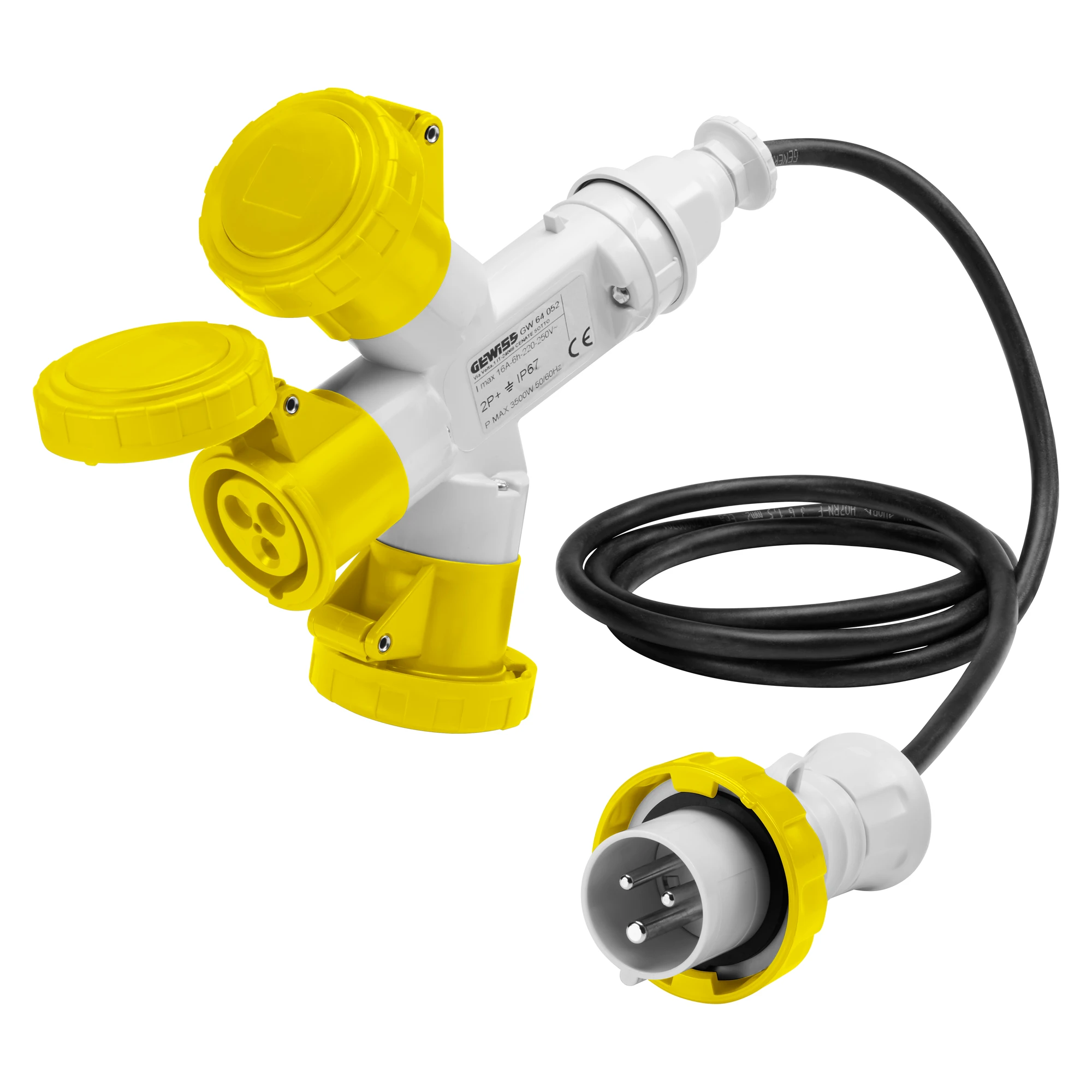 GEWISS GW64050 MULTIPLE SOCKET-COUPLERS 3 OUTPUTS IP67 - 2M FLEXIBLE CABLE - PLUG 16A - 2 SOCKET-OUTLETS 2P+E 110V 50/60HZ - YELLOW - 4H (img_001)