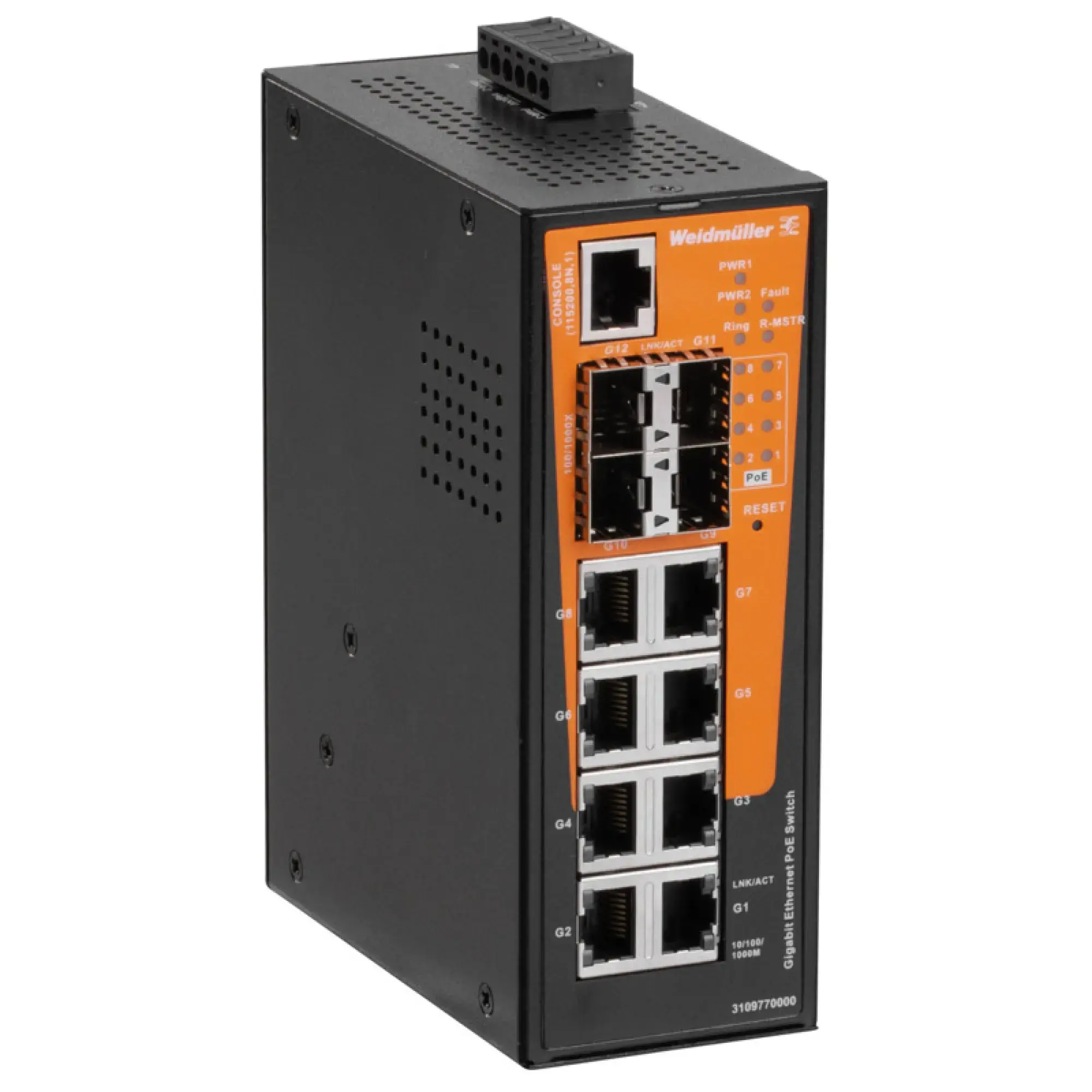 Weidmüller 3109770000 Network switch, managed PoE, Gigabit Ethernet, 8x RJ45 10/100/1000 BaseT(X) PoE+, 4x 100/1000BaseSFP Slot, -40 °C...75 °C, IP30 IE-SW-AL12M-8GTPOE-4GESFP-240W (img_001) Weidmüller 3109770000 Network switch, managed PoE, Gigabit Ethernet, 8x RJ45 10/100/1000 BaseT(X) PoE+, 4x 100/1000BaseSFP Slot, -40 °C...75 °C, IP30 IE-SW-AL12M-8GTPOE-4GESFP-240W (img_001)