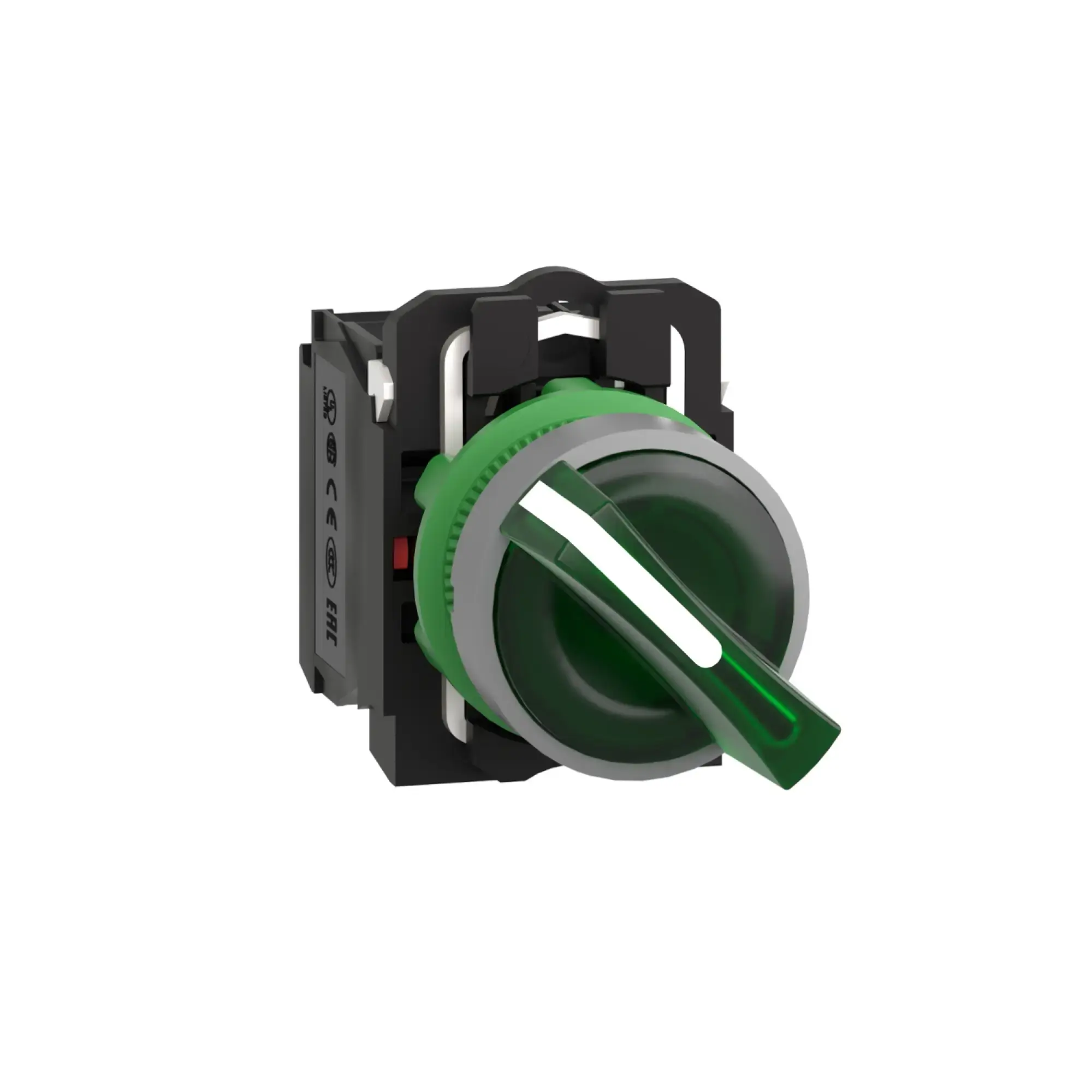 Schneider Electric XB5AK123M5C0 Illuminated Selector Switch, Harmony XB5, Plastic, Light Grey, Green, 22mm, Universal LED, 2 Positions, 1NO + 1NC, 230-240V AC (img_001)