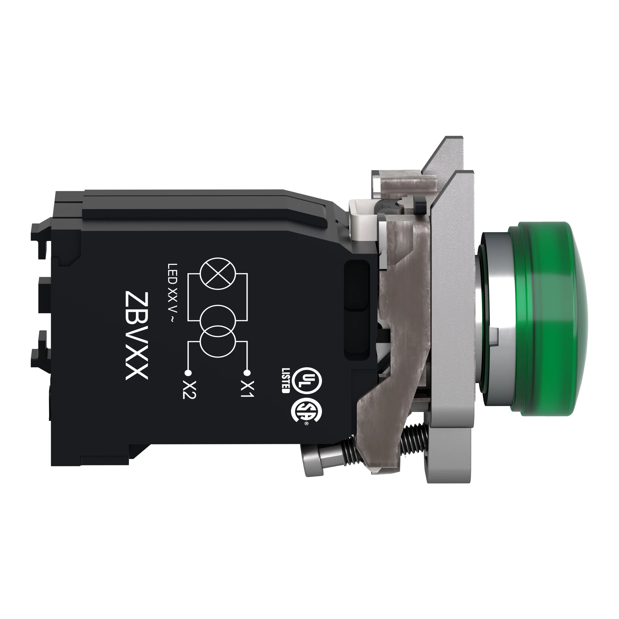 Schneider Electric XB4BV5B3 Signal lamp, Harmony XB4, metal, 22mm, green, with transformer, incandescent lamp BA9s, smooth dome, screw terminal, 400V (img_004)