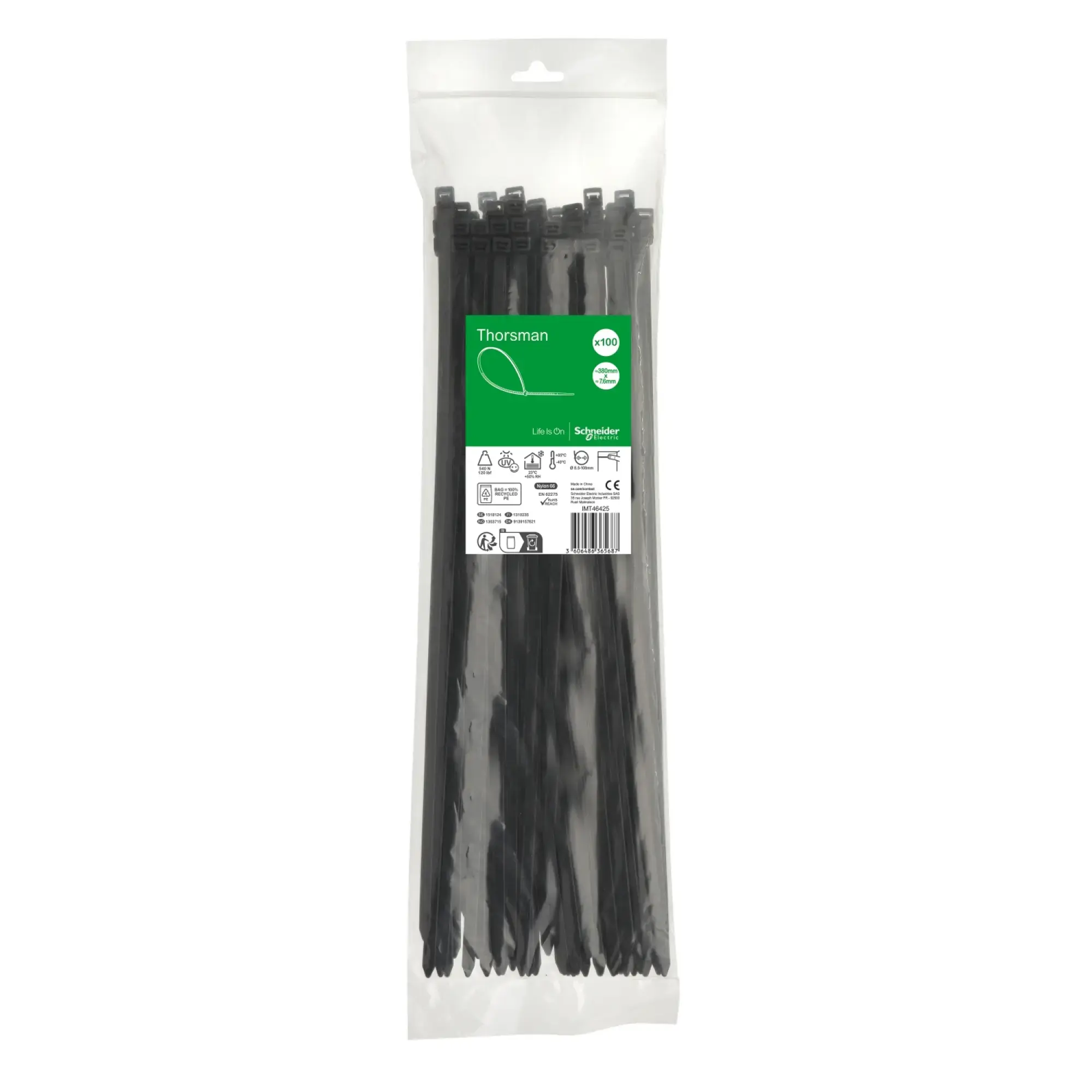 Schneider Electric IMT46425 Thorsman Cable Ties, Dimensions: 380X7.6 mm, Pack of 100 pcs Color Black (img_002) Schneider Electric IMT46425 Thorsman Cable Ties, Dimensions: 380X7.6 mm, Pack of 100 pcs Color Black (img_002)