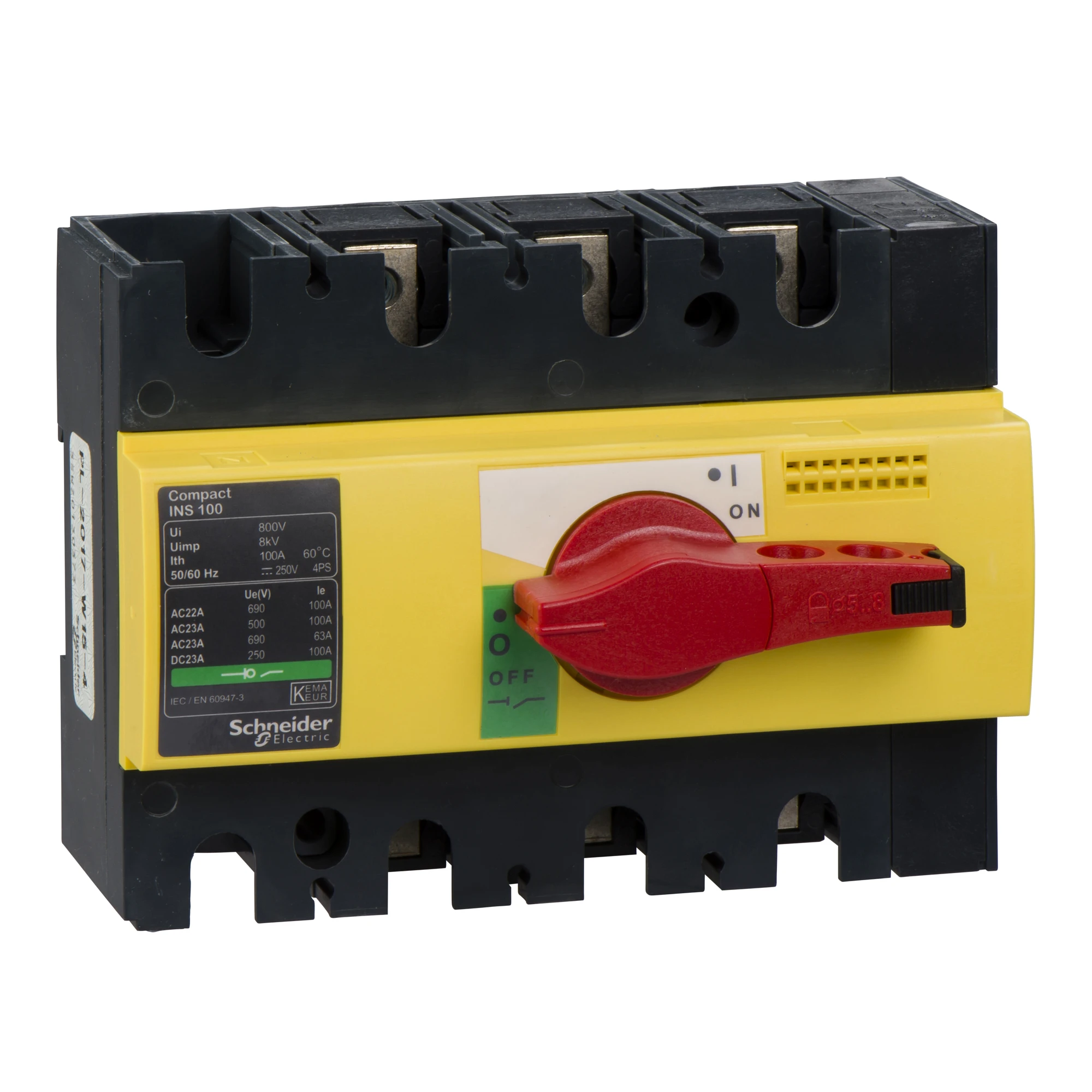 Schneider Electric 28924 Load Break Switch INS100, 3P, 100A/690V AC/250V DC, Rotary Drive Red/Yellow Base (img_001)