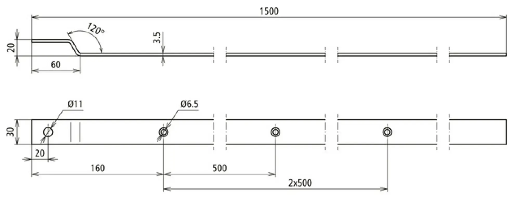 Dehn 860315 Terminal lug angled Fl 30x3.5mm StSt (V4A) L 1500mm with bore 11mm (img_002)