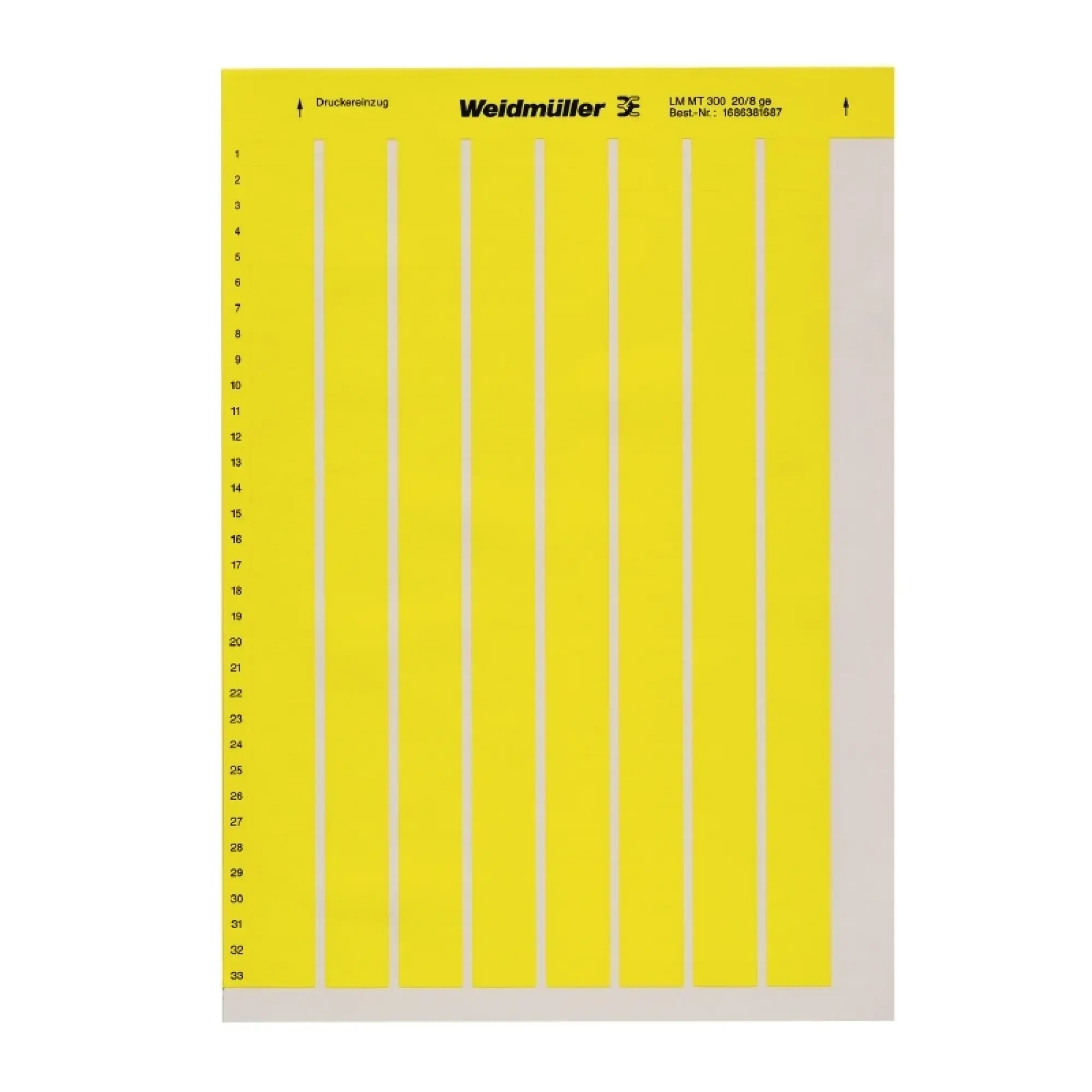 Weidmüller 1686381687 Device marking, Width: 20.3 mm, Polyester, PVC-free, yellow, Operating temperature range: -40...150 °C (img_001) Weidmüller 1686381687 Device marking, Width: 20.3 mm, Polyester, PVC-free, yellow, Operating temperature range: -40...150 °C (img_001)